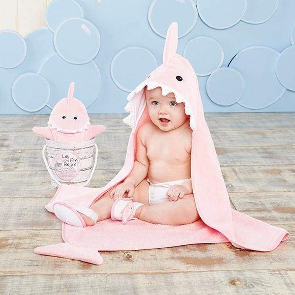 Shark Baby 6-Piece Gift Set Bundle in pink featuring bib, booties, hooded towel, bath mitt, and spa slippers, all with charming shark designs.