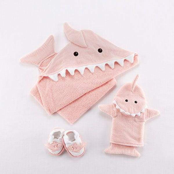 Shark Baby 6-Piece Gift Set Bundle in pink featuring bib, booties, hooded towel, bath mitt, and spa slippers, all with charming shark designs.