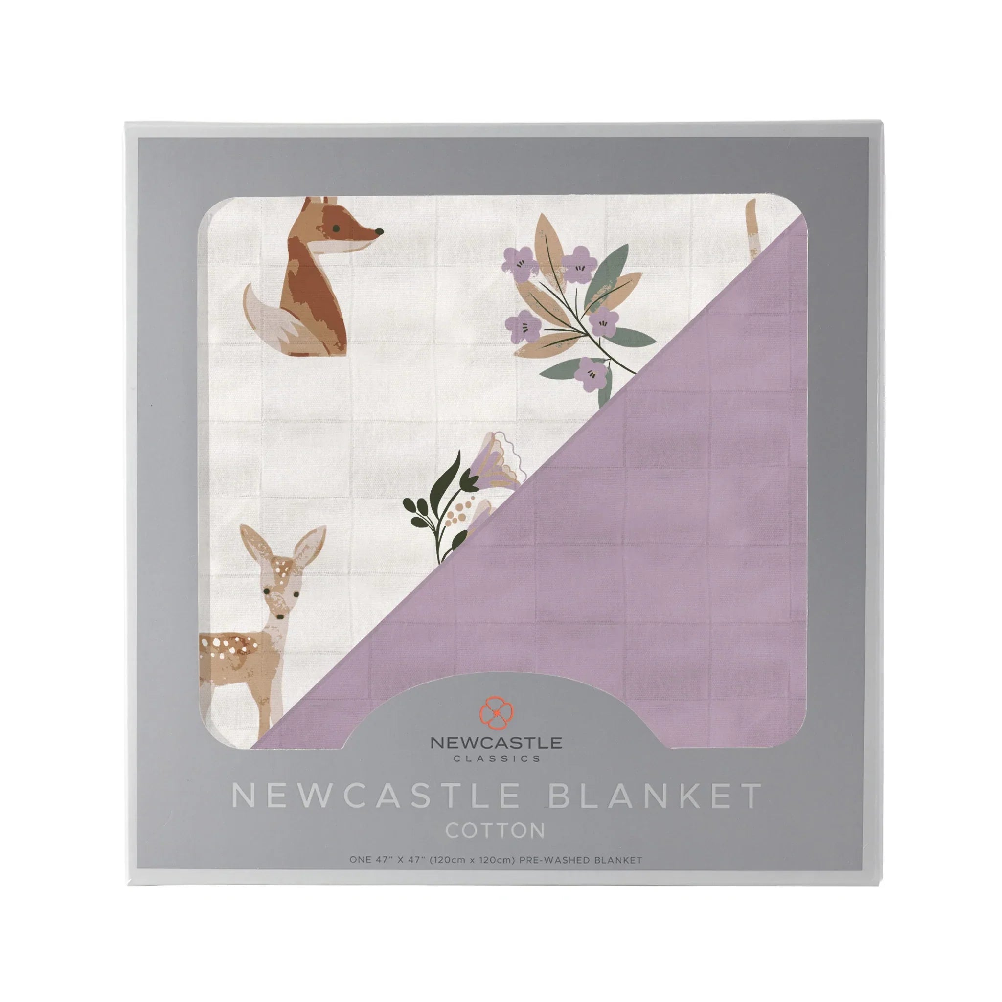 Sierra Fox and Deer Lavender Cotton Blanket, soft and cozy, perfect for kids and adults, featuring a charming design in orchid lavender.