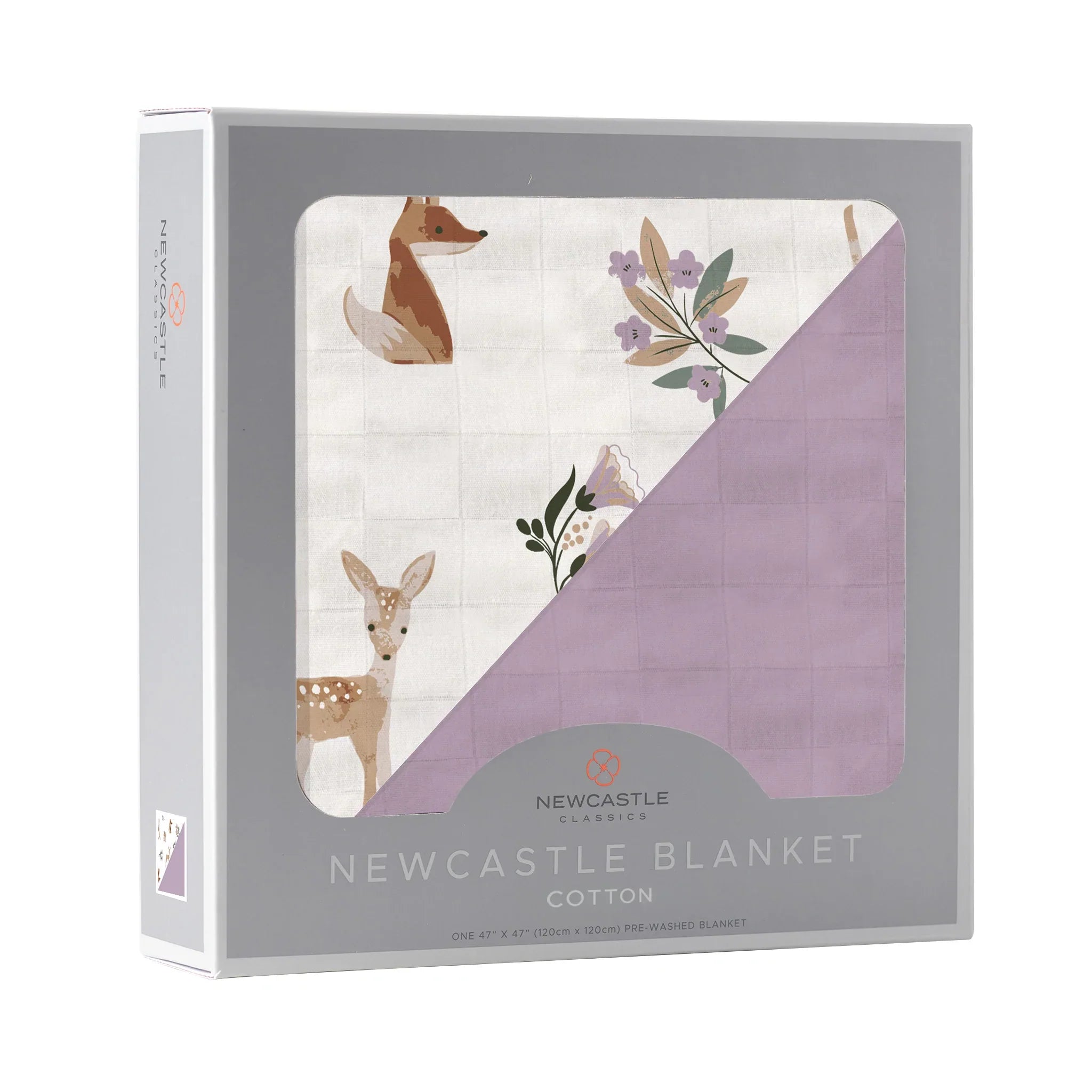 Sierra Fox and Deer Lavender Cotton Blanket, soft and cozy, perfect for kids and adults, featuring a charming design in orchid lavender.