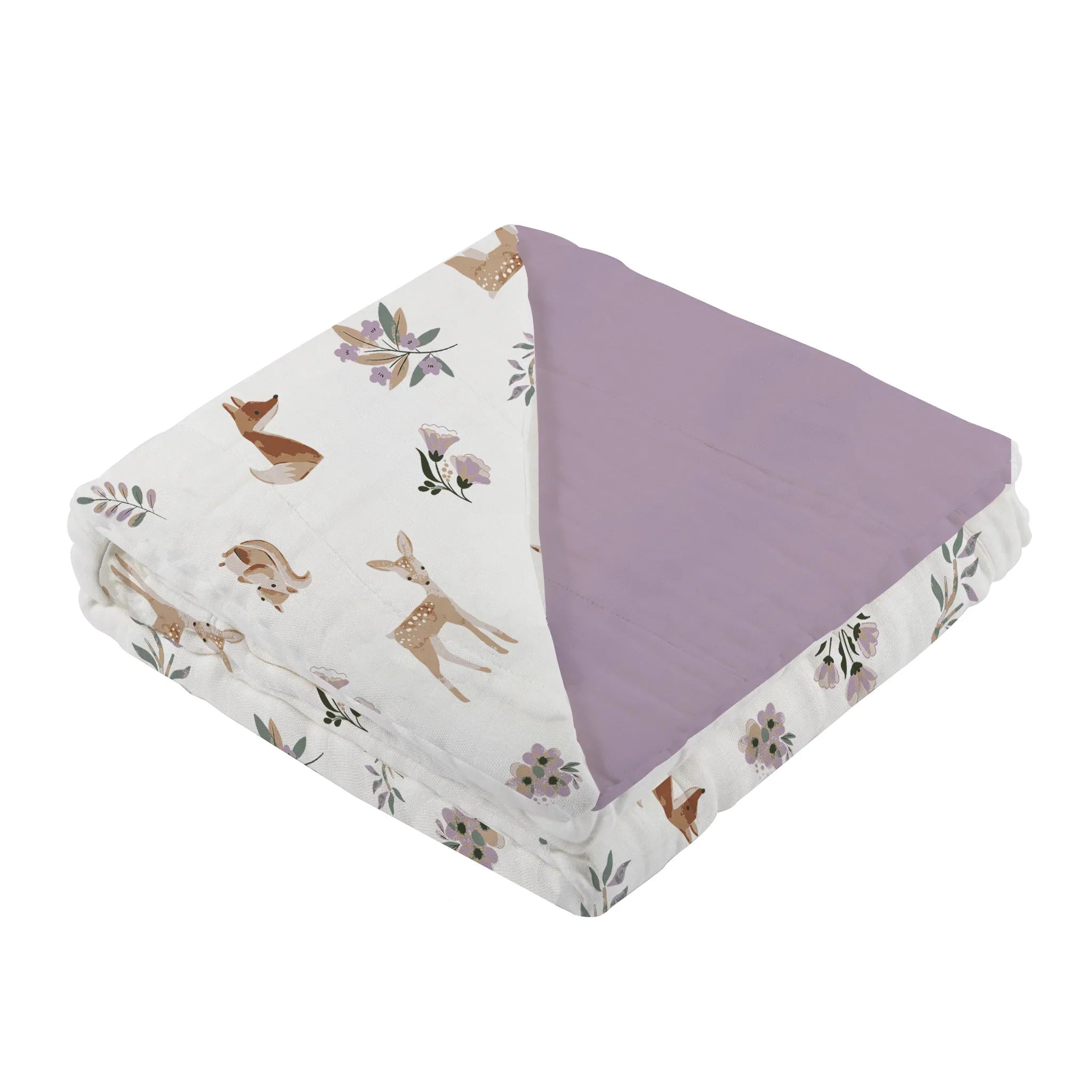 Sierra Fox and Deer Lavender Cotton Blanket, soft and cozy, perfect for kids and adults, featuring a charming design in orchid lavender.