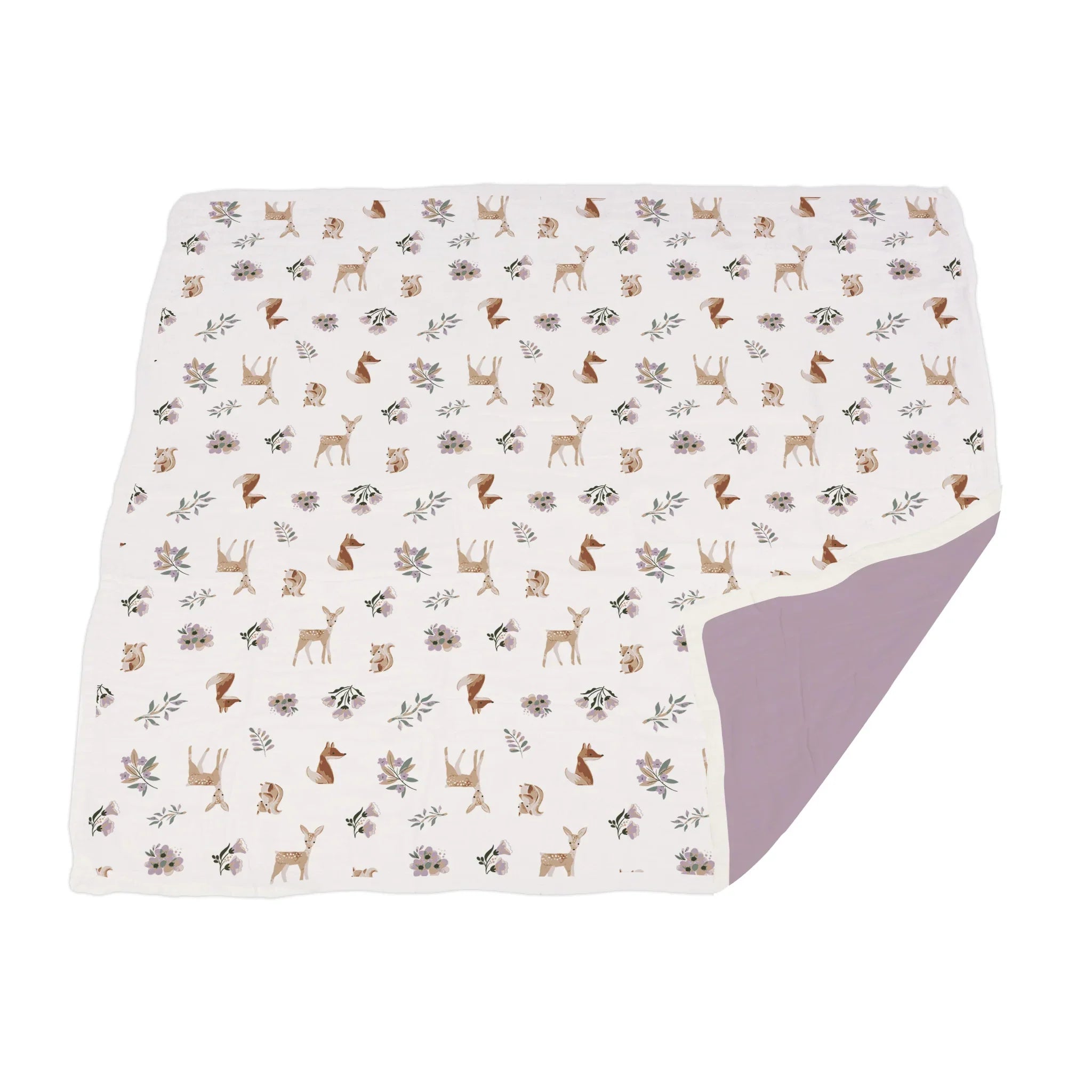 Sierra Fox and Deer Lavender Cotton Blanket, soft and cozy, perfect for kids and adults, featuring a charming design in orchid lavender.