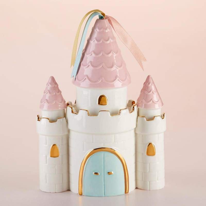 Simply Enchanted Castle Porcelain Bank featuring three towers with pink tops, light blue doors, and gold detailing.