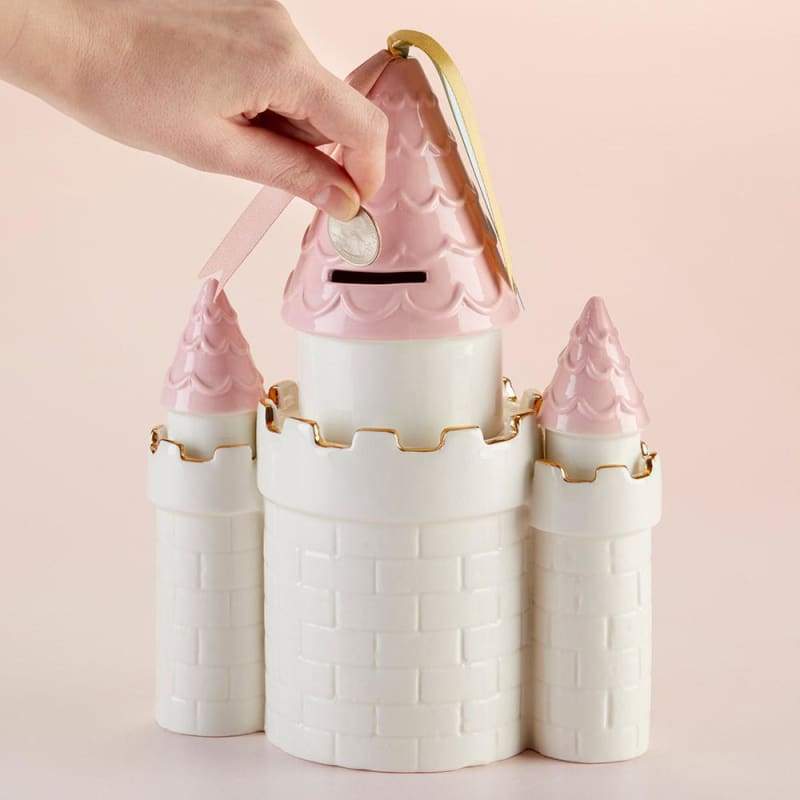 Simply Enchanted Castle Porcelain Bank featuring three towers with pink tops, light blue doors, and gold detailing.