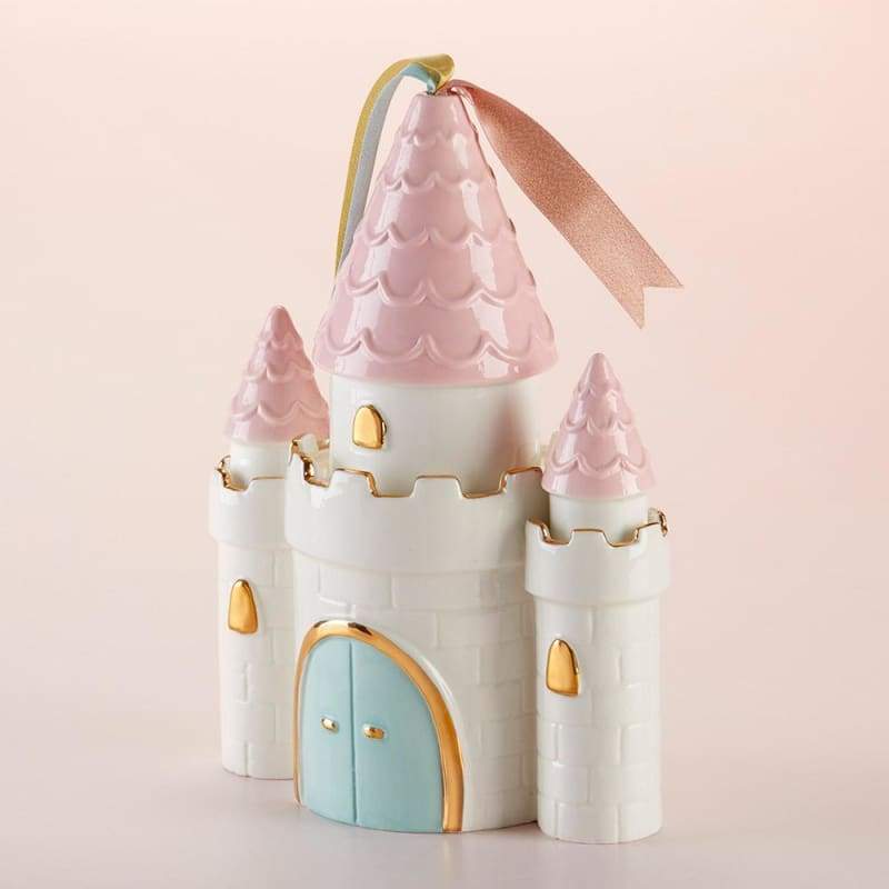 Simply Enchanted Castle Porcelain Bank featuring three towers with pink tops, light blue doors, and gold detailing.