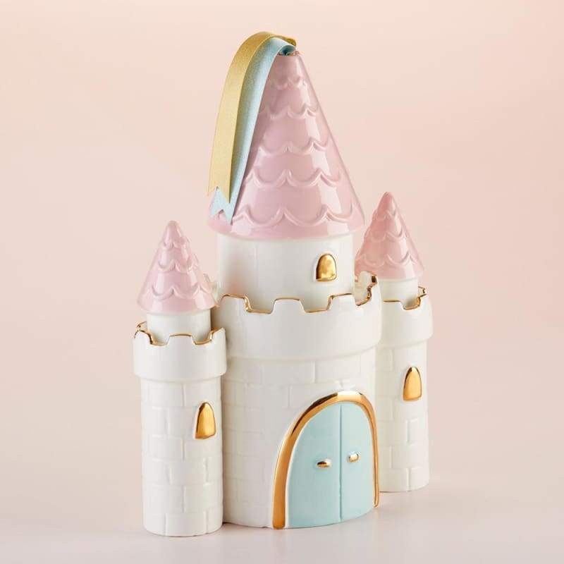 Simply Enchanted Castle Porcelain Bank featuring three towers with pink tops, light blue doors, and gold detailing.