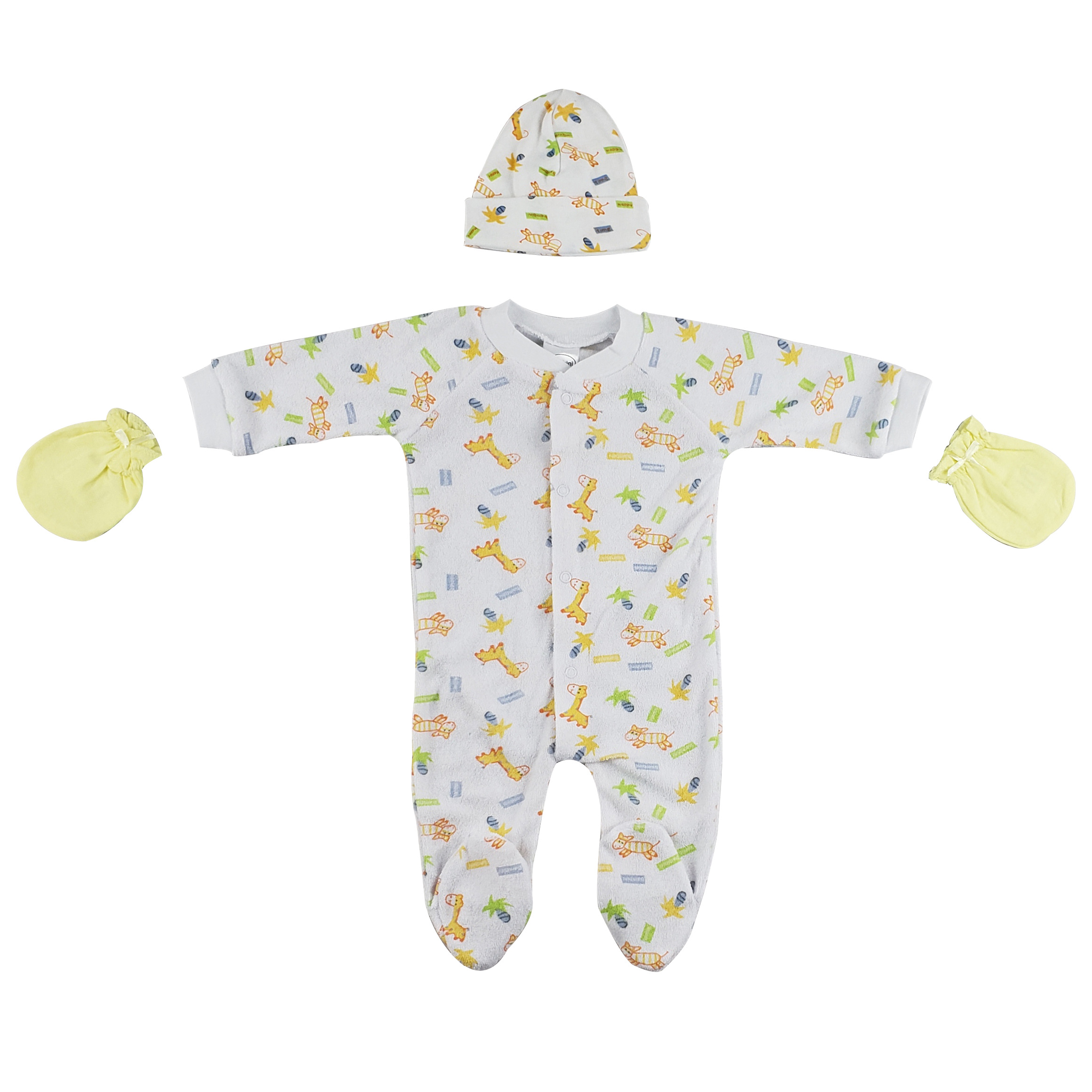 A cozy 3-piece baby set including a terry sleep 'n play outfit, a printed cap, and yellow mittens, all made from soft cotton.