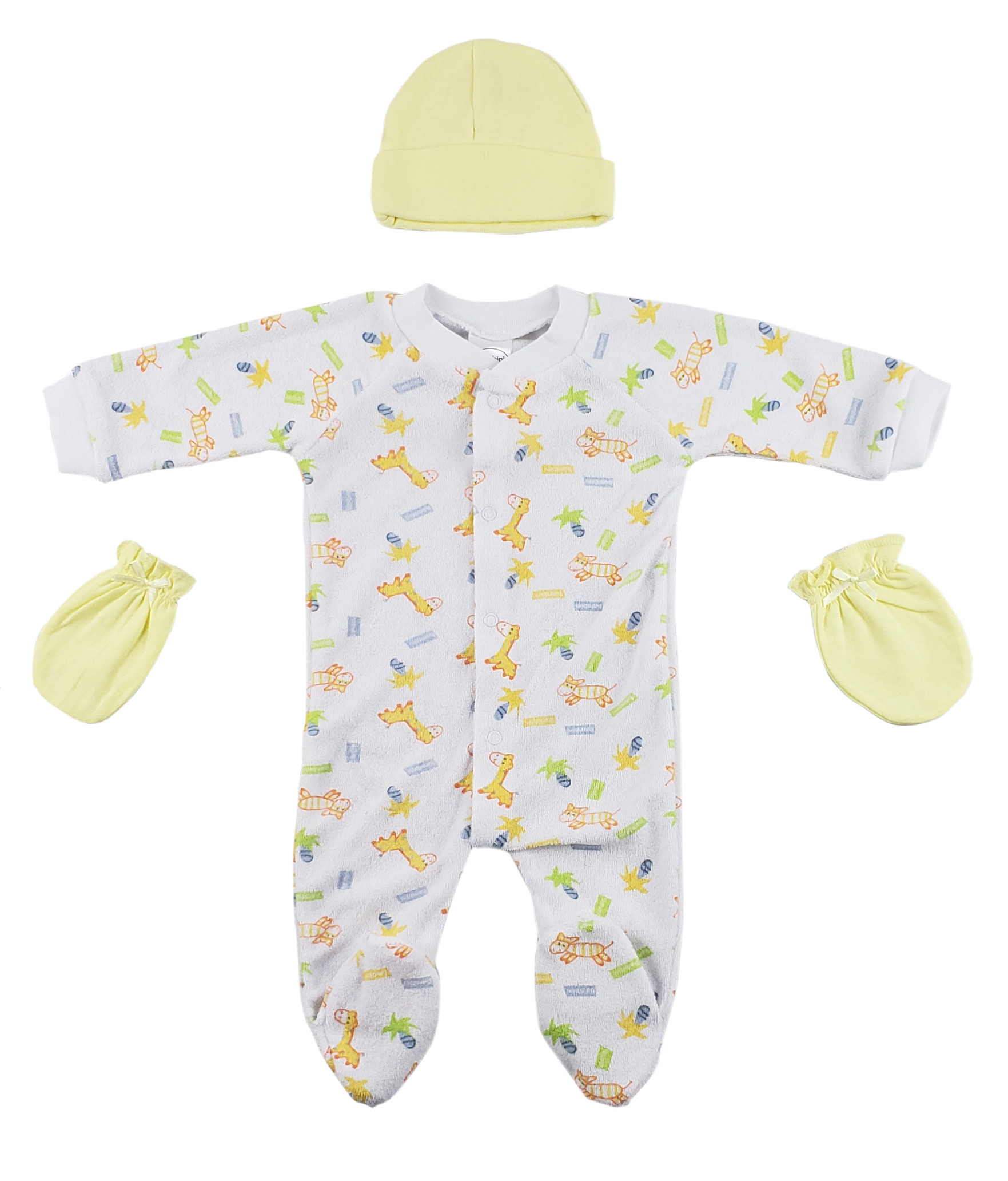 A cozy 3-piece baby set including a yellow sleep 'n play, matching cap, and mittens, made from soft cotton for newborn comfort.