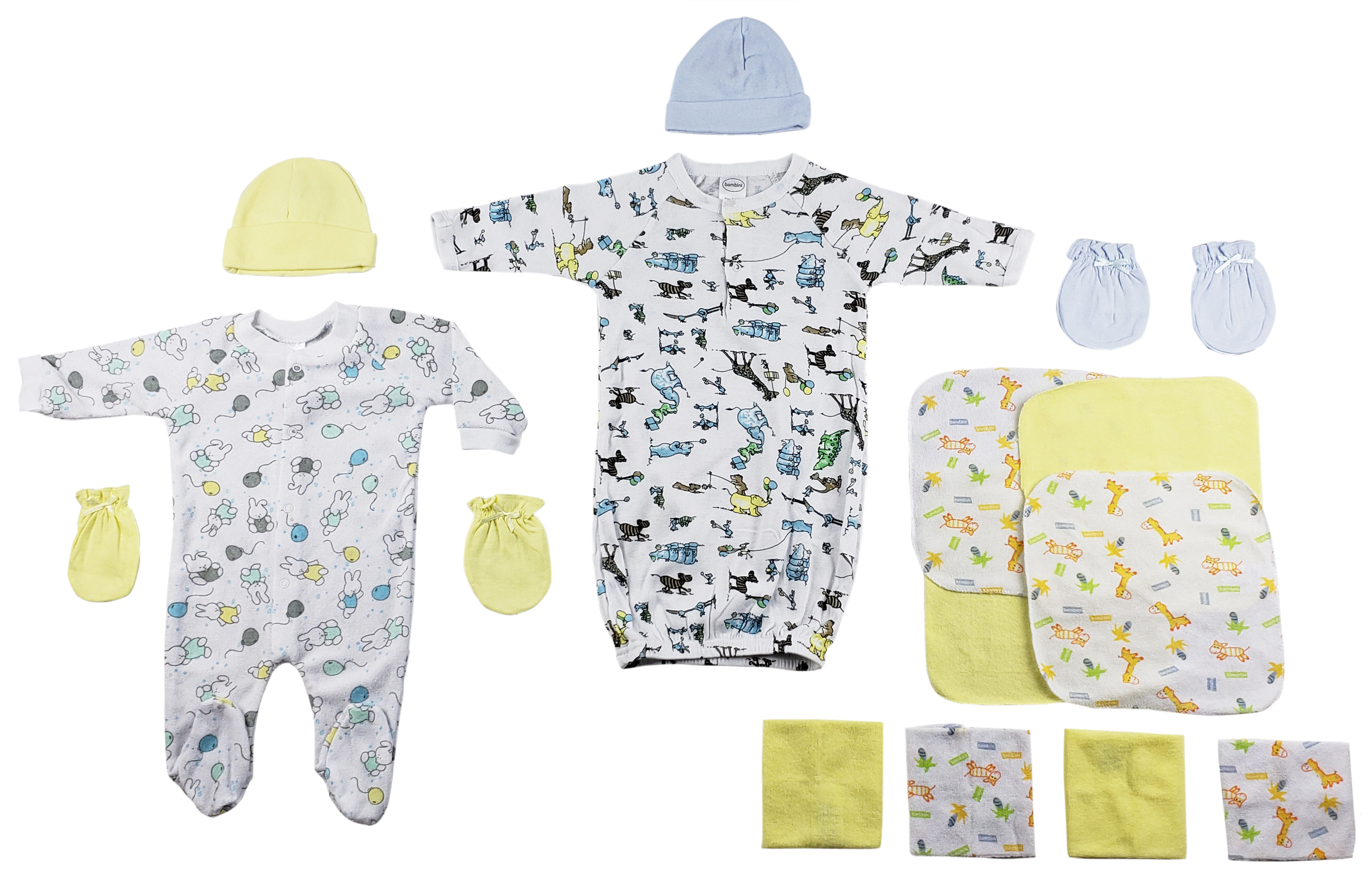 14-piece baby clothing set including sleep-n-play, gown, caps, mittens, and washcloths in soft cotton for newborns.