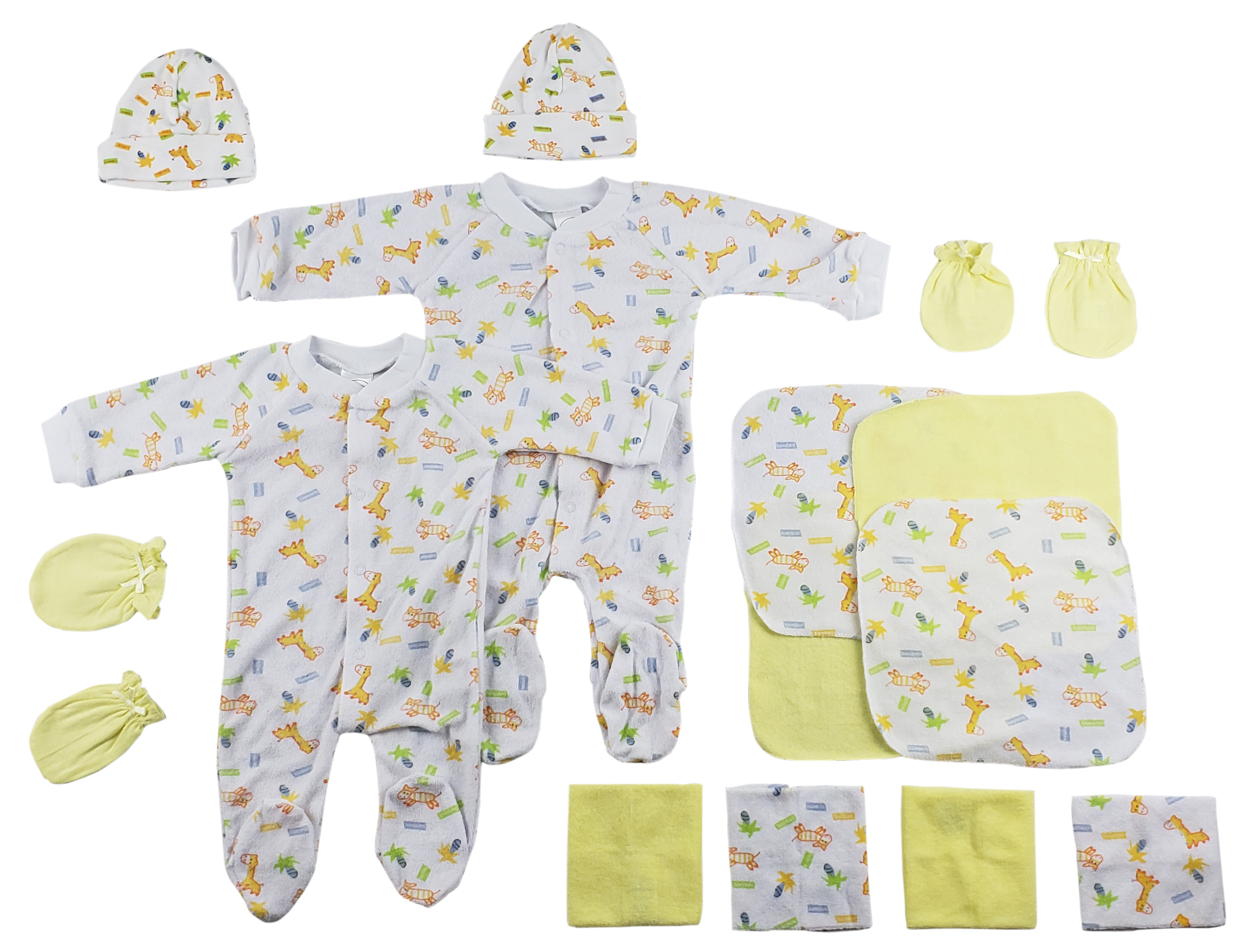 14-piece baby set including Sleep-n-Plays, caps, mittens, and washcloths in soft cotton fabric, perfect for newborns.