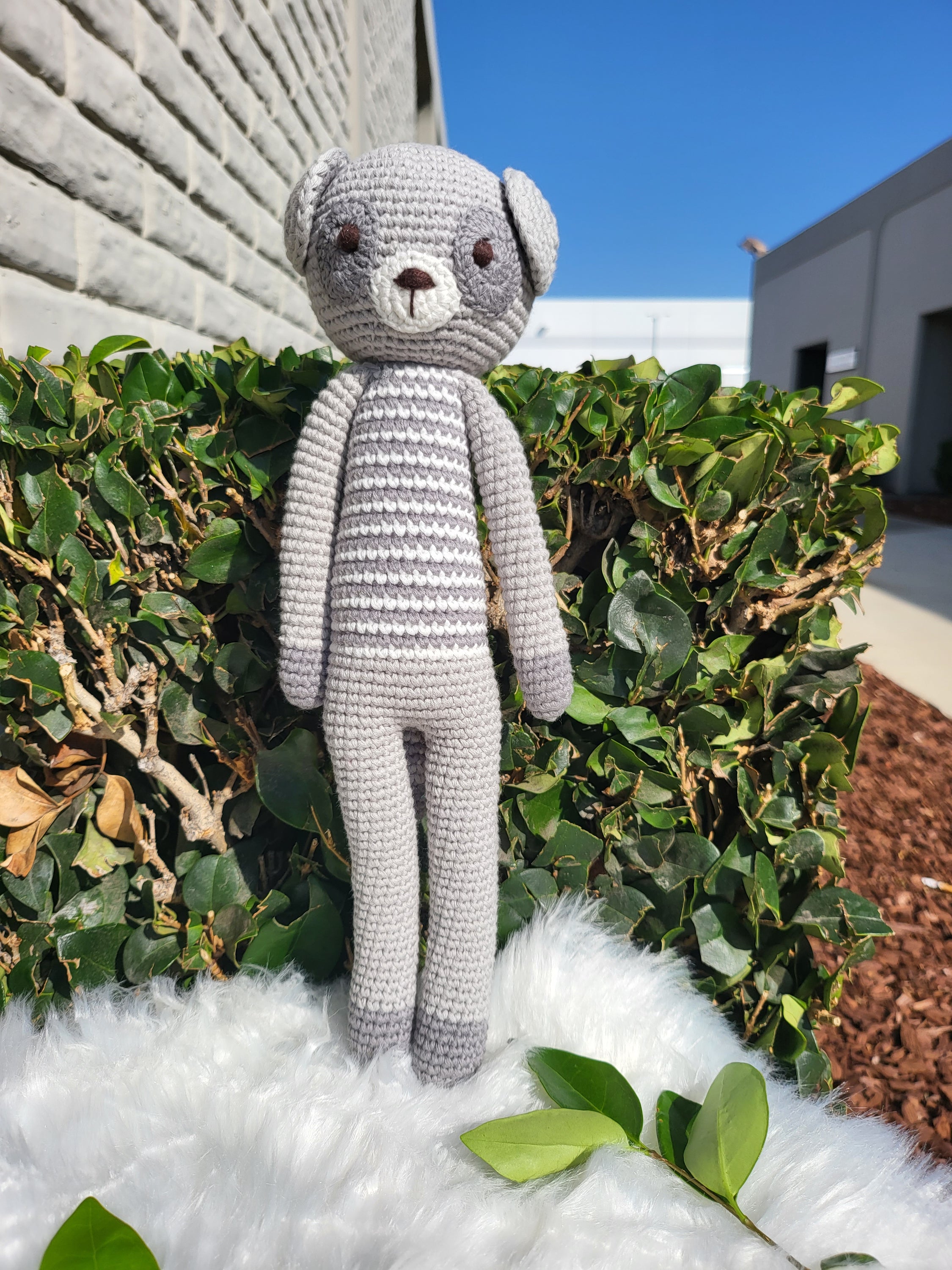 Handmade Slim Standing Lemur crochet toy made from 100% cotton yarn, featuring a unique design and soft texture.