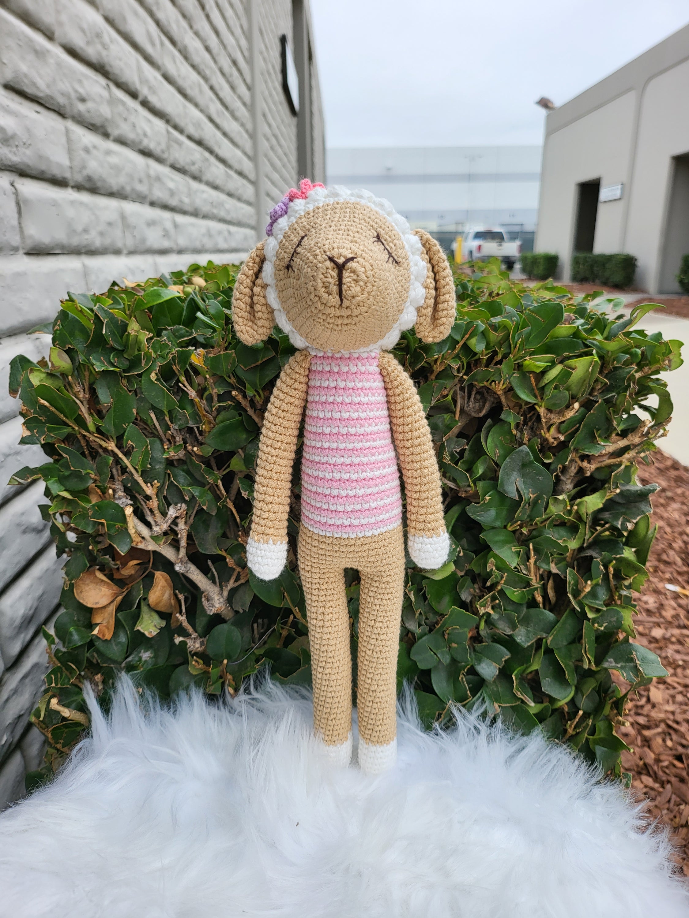 Handmade Slim Standing Sheep crochet toy made from 100% cotton yarn, featuring a unique design and soft texture, perfect for children.