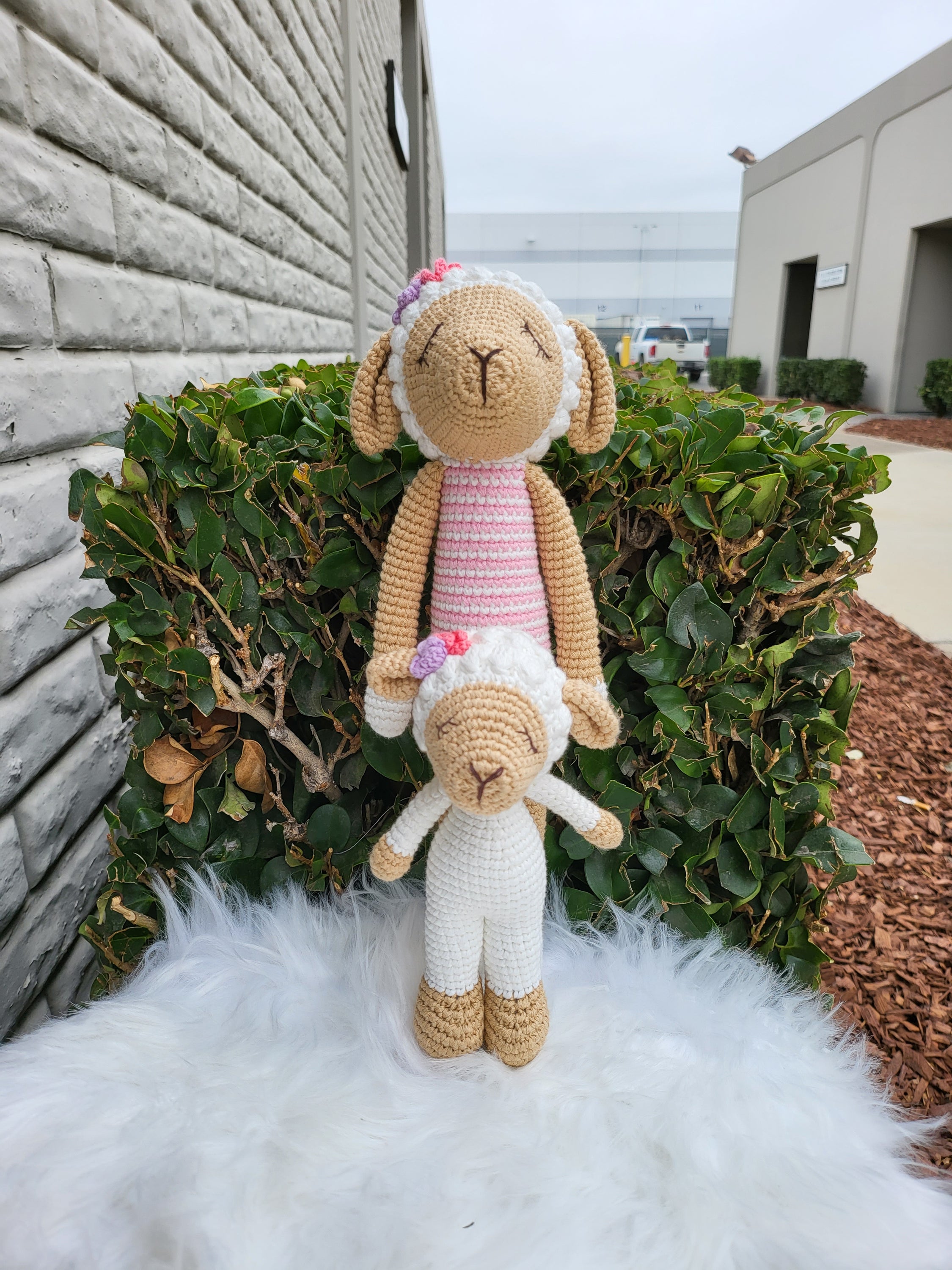 Handmade Slim Standing Sheep crochet toy made from 100% cotton yarn, featuring a unique design and soft texture, perfect for children.