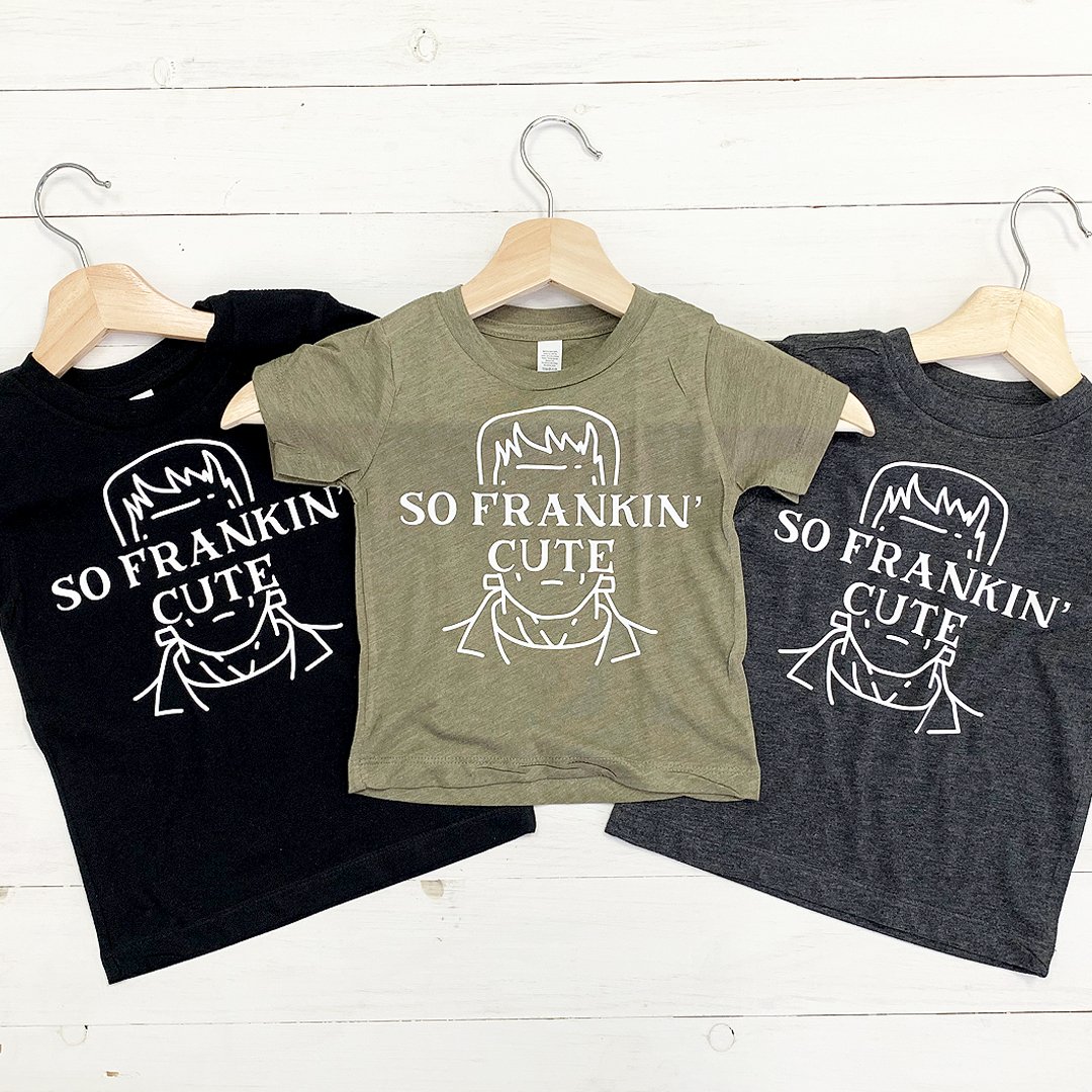 Olive and black 'So Frankin Cute' Halloween T-shirt for baby boys and toddlers, showcasing playful design and soft fabric.