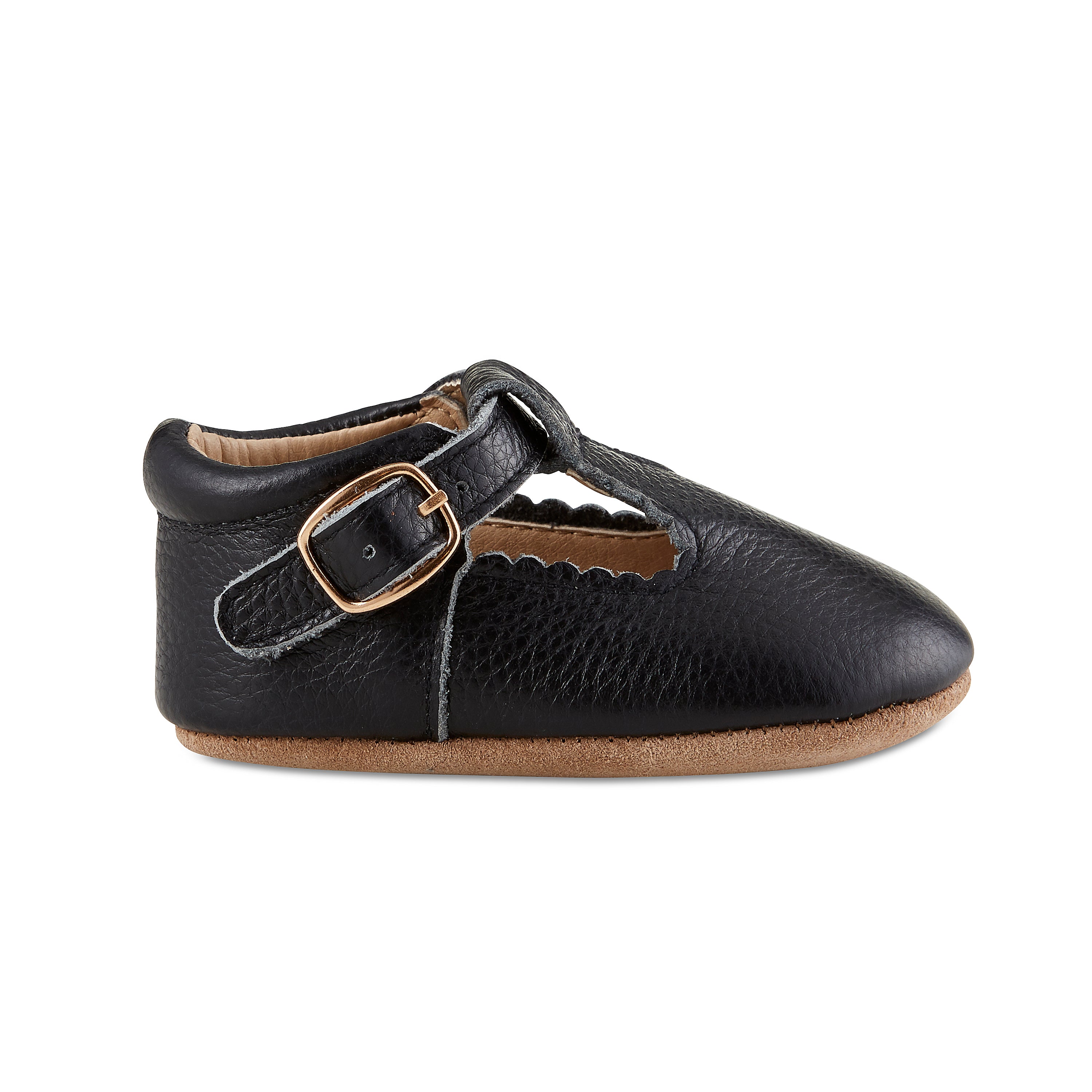 Soft-Sole Leather Mary Jane Moccasins in black, featuring a t-strap buckle design for easy wear and soft leather soles for comfort.