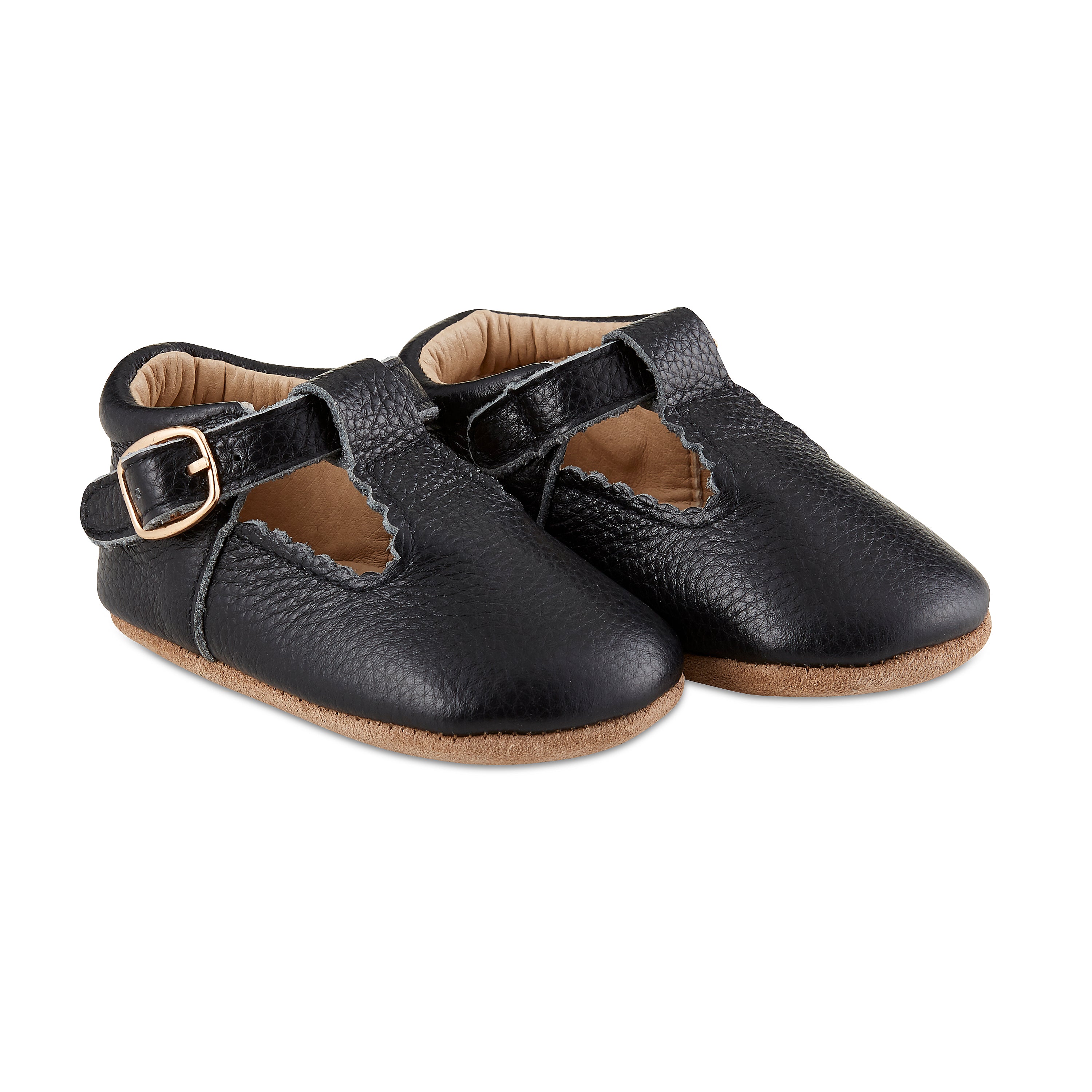 Soft-Sole Leather Mary Jane Moccasins in black, featuring a t-strap buckle design for easy wear and soft leather soles for comfort.