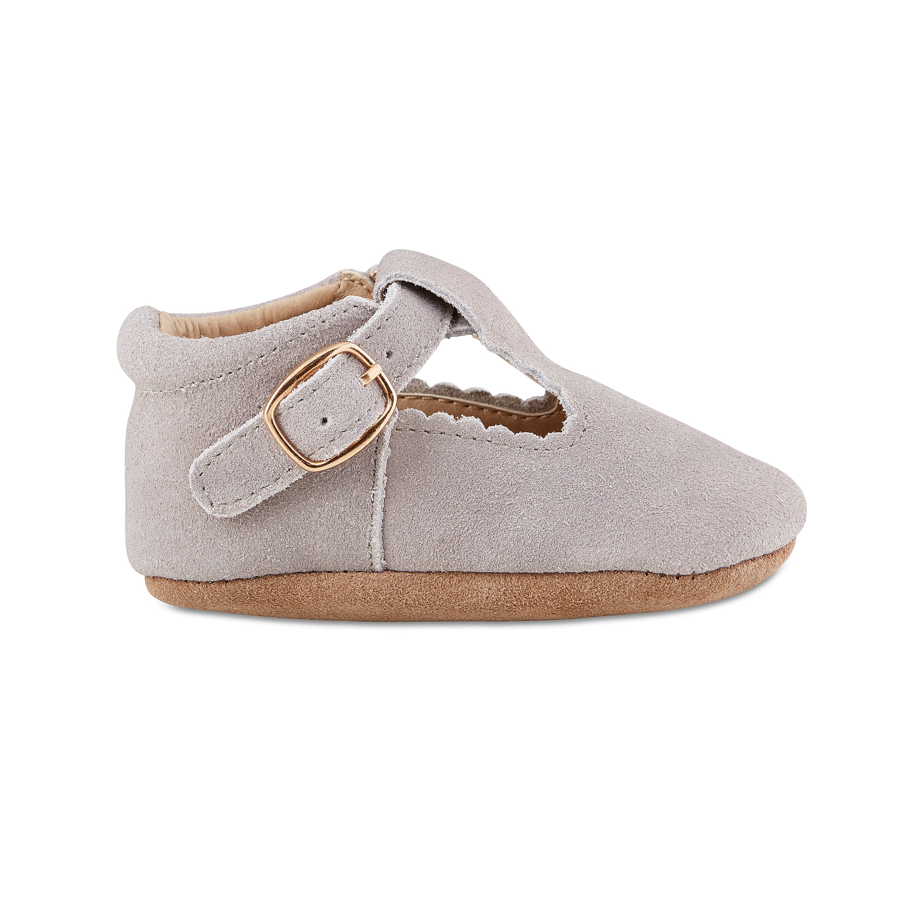 Soft-Sole Leather Mary Jane Moccasins in Grey Suede, featuring a t-strap buckle and soft leather soles for comfort and style.