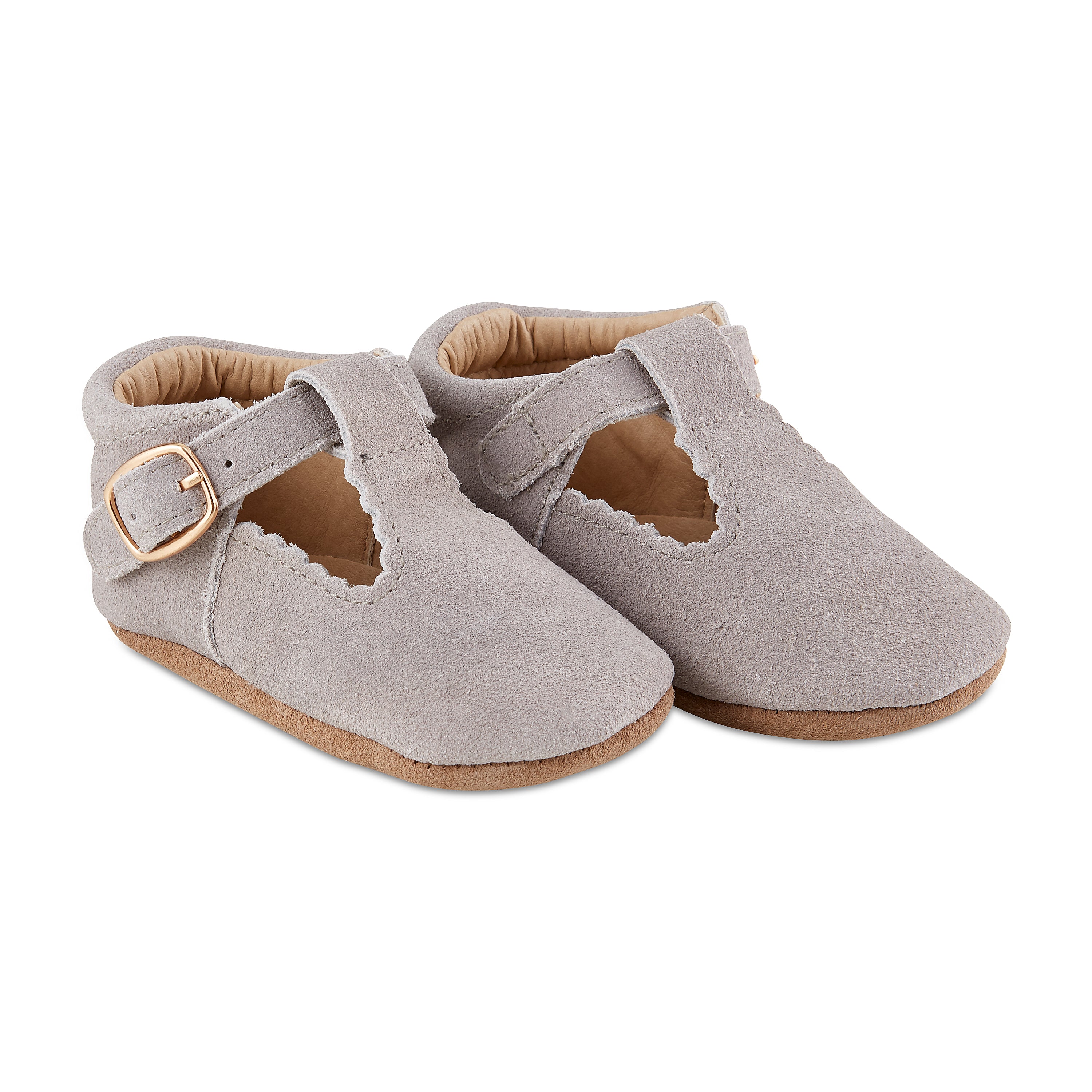 Soft-Sole Leather Mary Jane Moccasins in Grey Suede, featuring a t-strap buckle and soft leather soles for comfort and style.