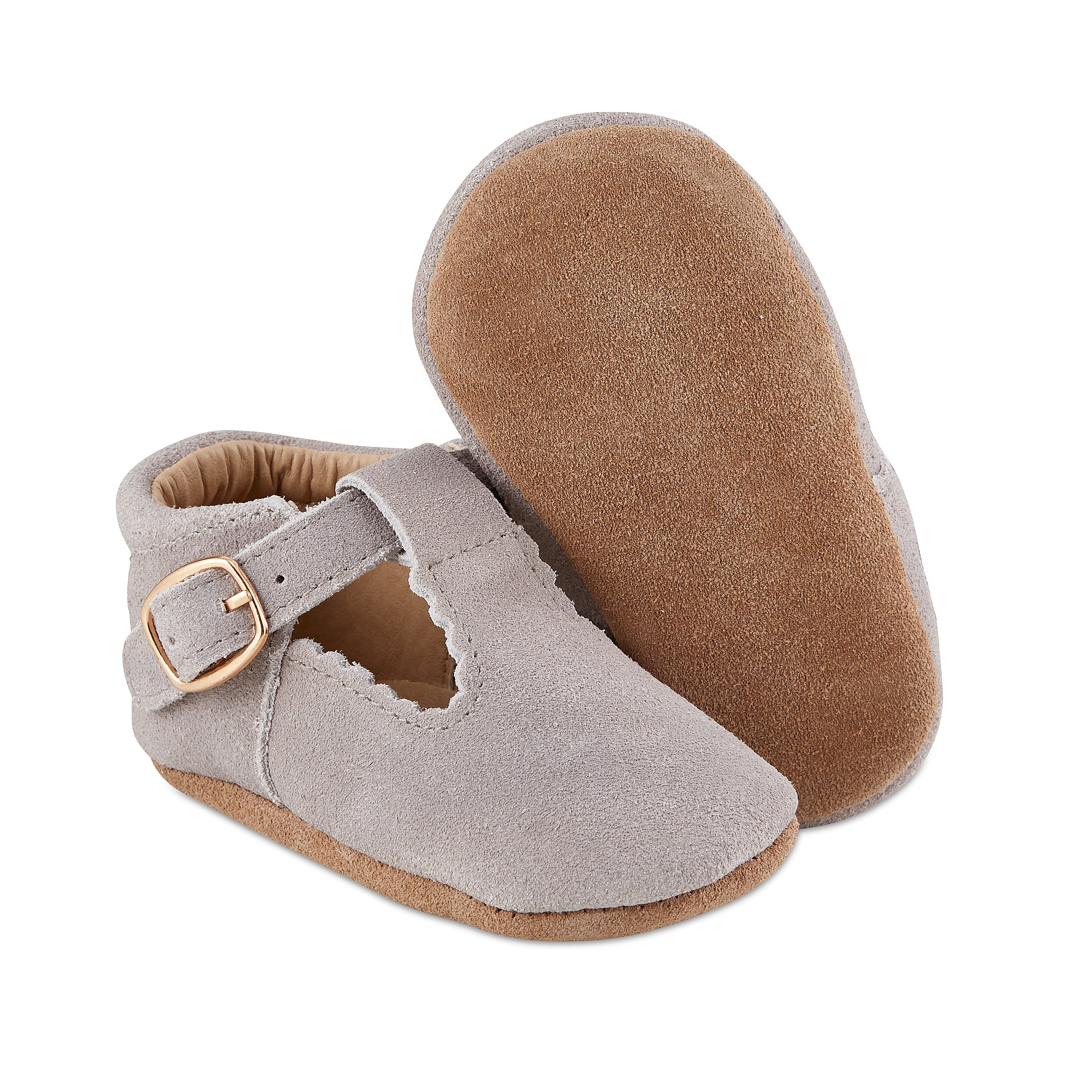 Soft-Sole Leather Mary Jane Moccasins in Grey Suede, featuring a t-strap buckle and soft leather soles for comfort and style.