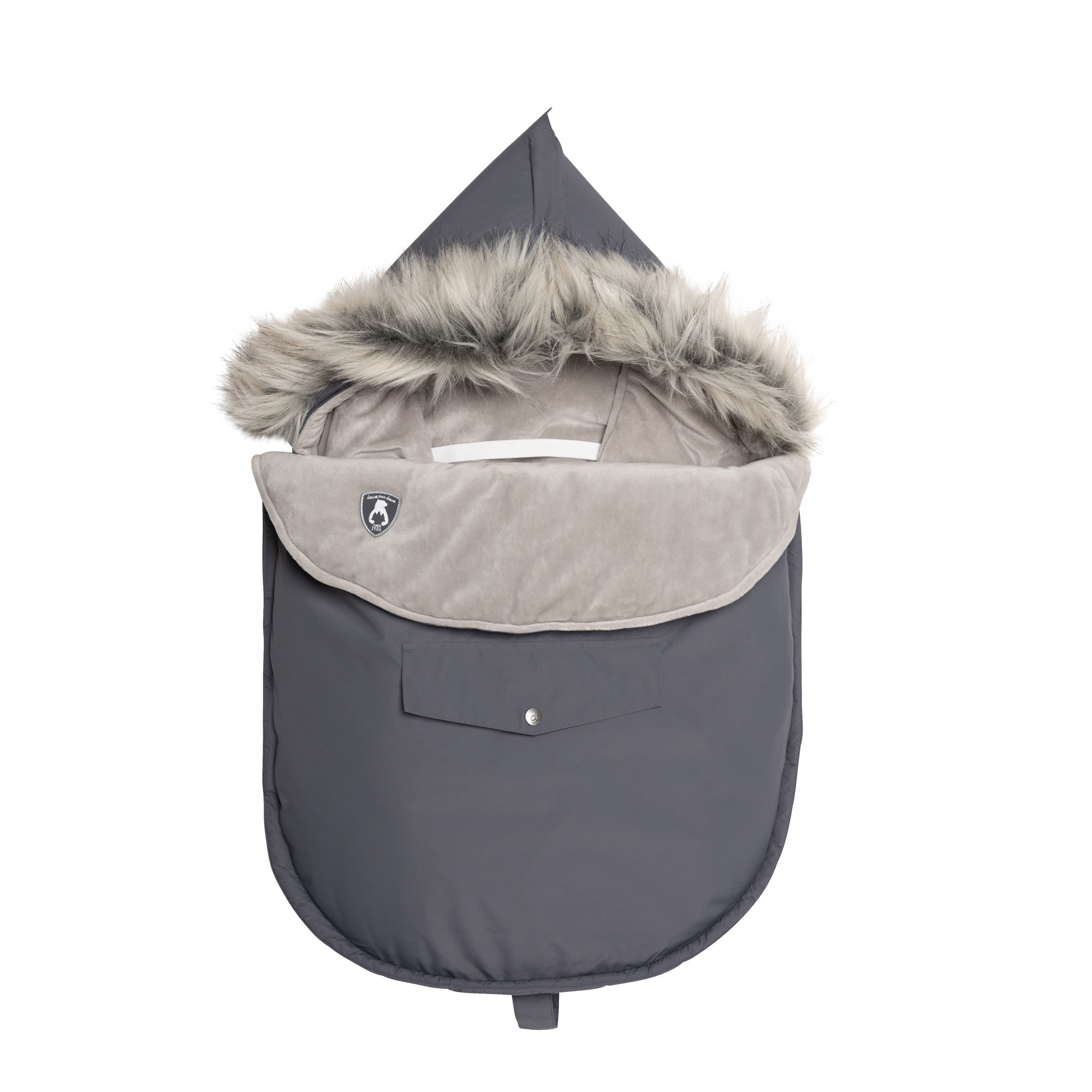 Solid Grey Baby Pouch with removable hood and accessories including a sherpa hat and blanket.