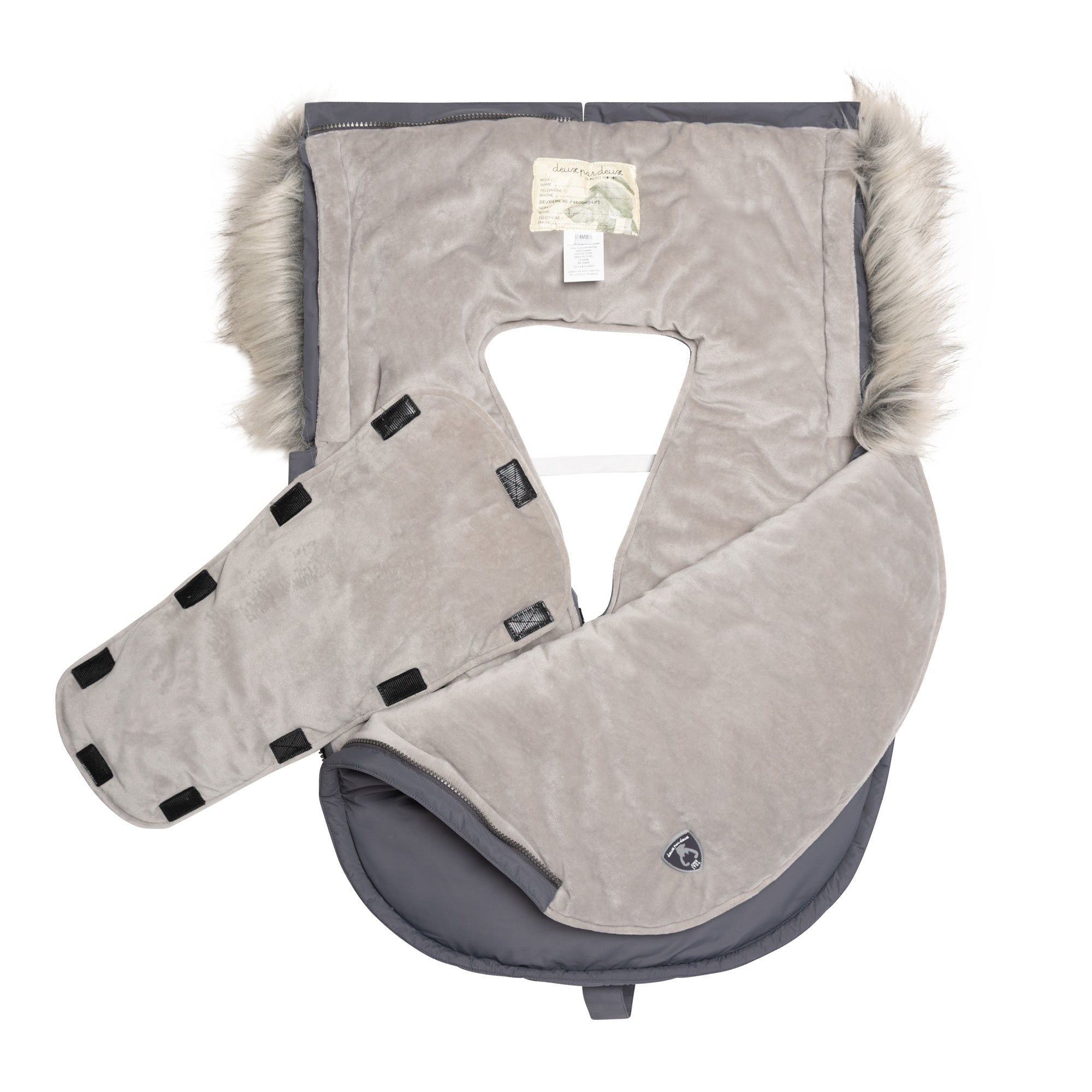 Solid Grey Baby Pouch with removable hood and accessories including a sherpa hat and blanket.