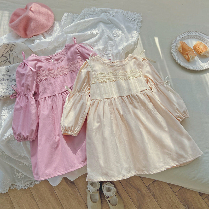 A beautiful Solid Color Princess Dress in pink and apricot with mesh patches, perfect for summer wear for girls aged 12 months to 10 years.