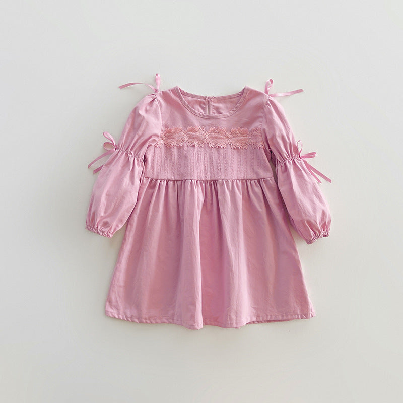 A beautiful Solid Color Princess Dress in pink and apricot with mesh patches, perfect for summer wear for girls aged 12 months to 10 years.