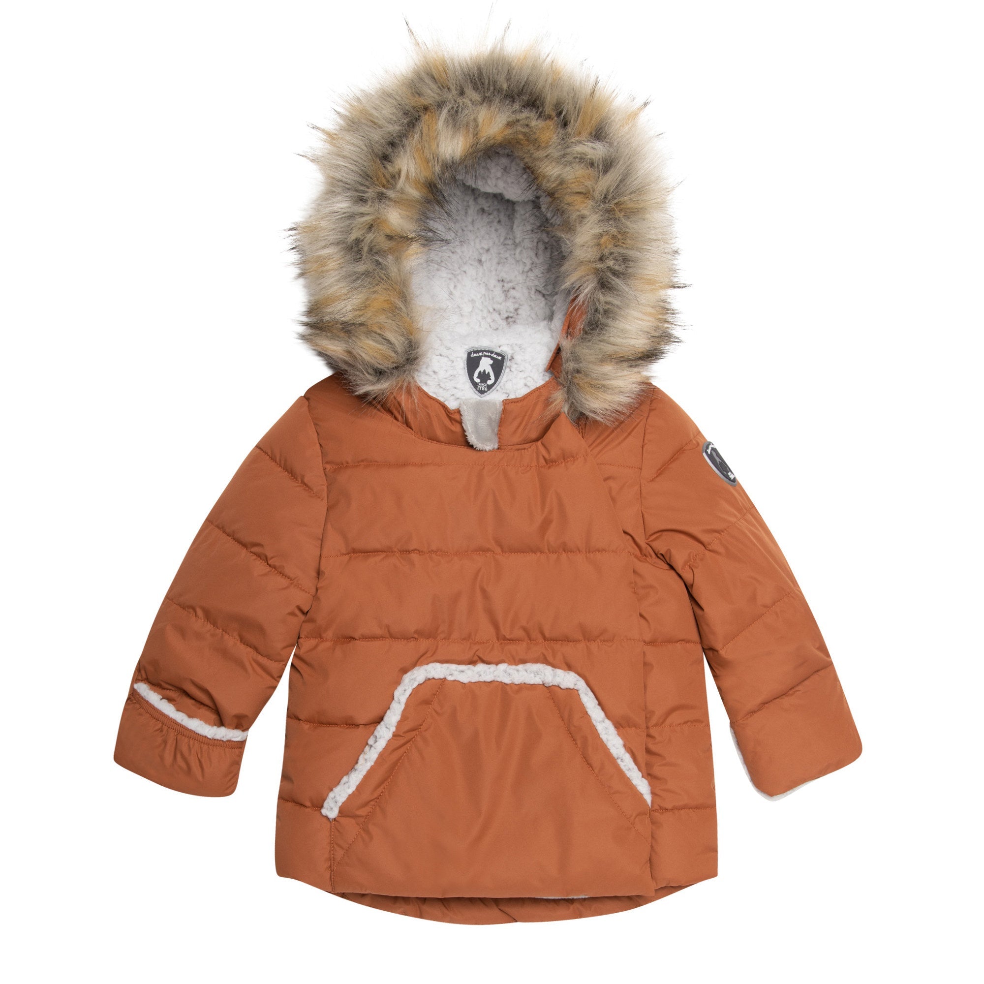 Solid Two Piece Baby Snowsuit in Brown with contrast jacket and fleece lining, featuring removable faux fur trim on the hood.