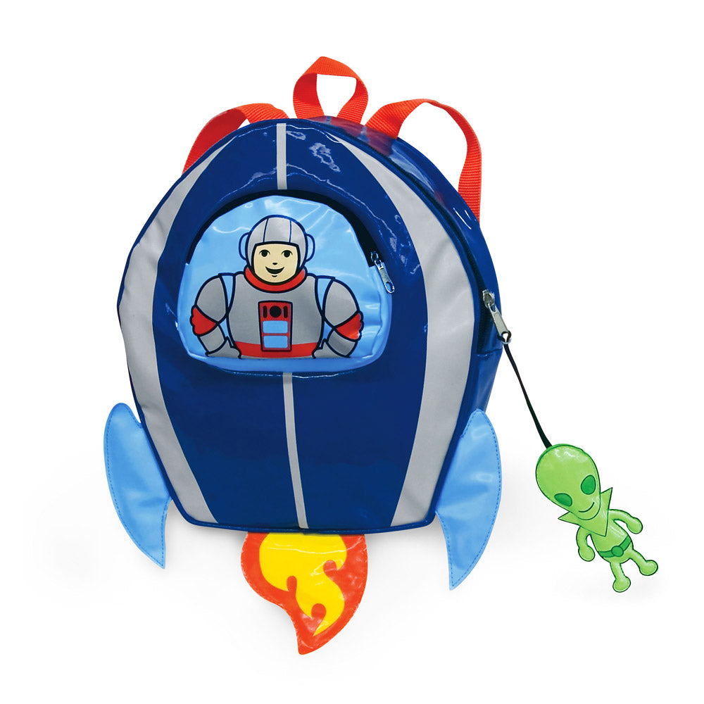 Colorful Space Hero Backpack designed for toddlers, featuring a fun alien zipper toy and multiple pockets for storage.