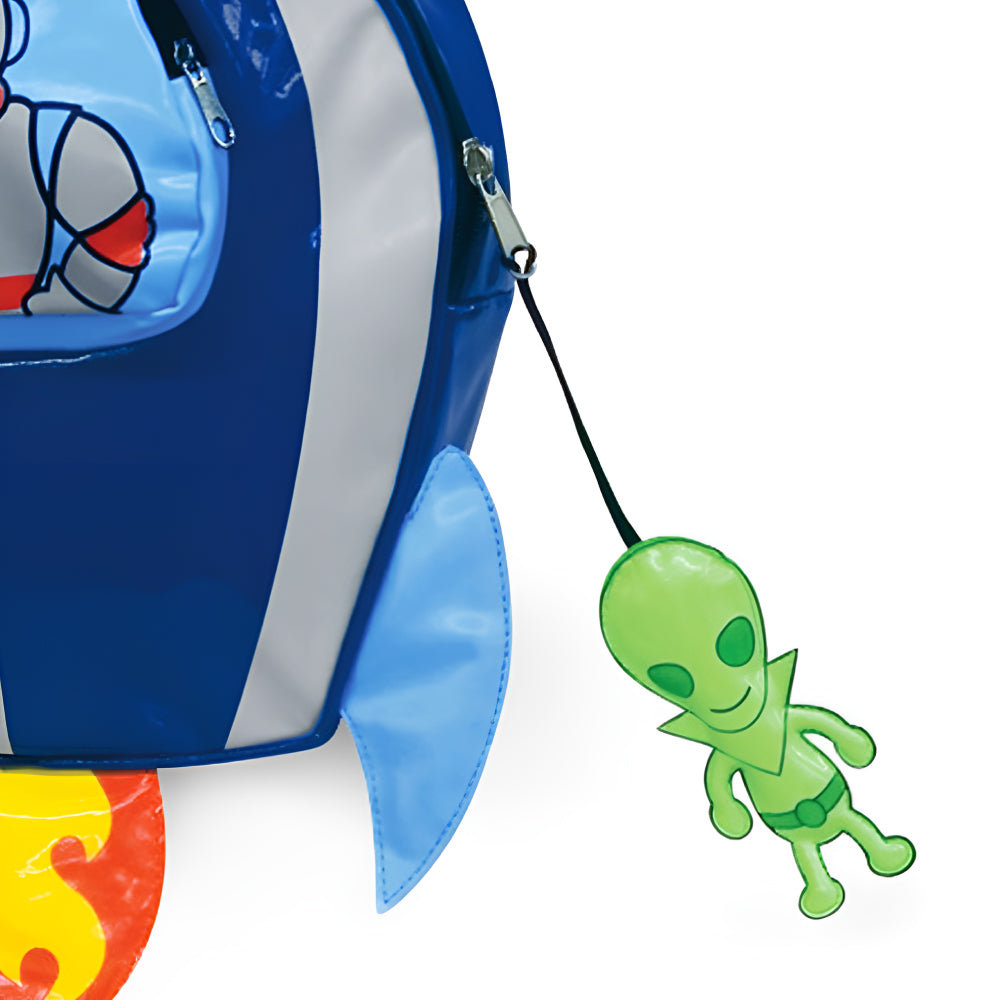 Colorful Space Hero Backpack designed for toddlers, featuring a fun alien zipper toy and multiple pockets for storage.