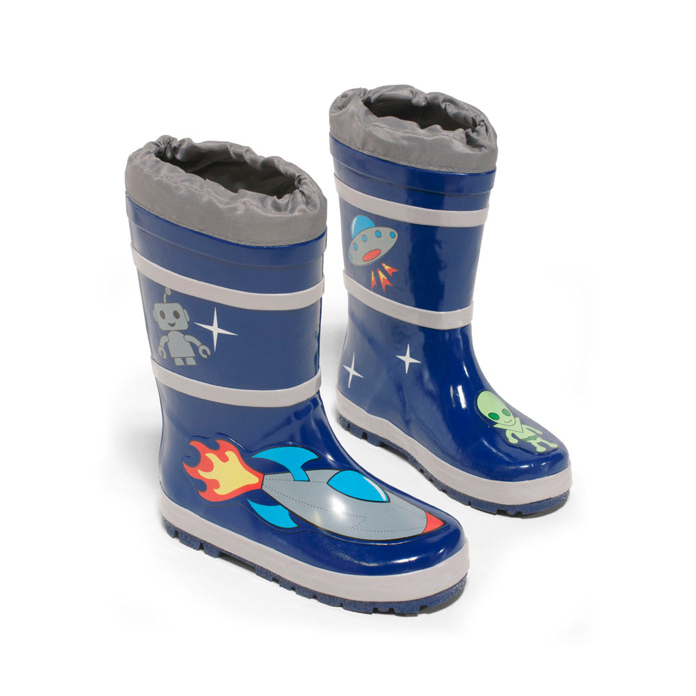 Colorful Space Hero Rain Boots featuring aliens, rockets, and robots, made from natural rubber with a fun cotton lining.