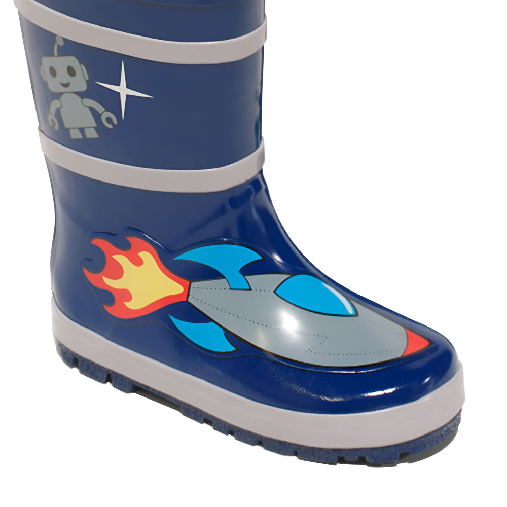 Colorful Space Hero Rain Boots featuring aliens, rockets, and robots, made from natural rubber with a fun cotton lining.