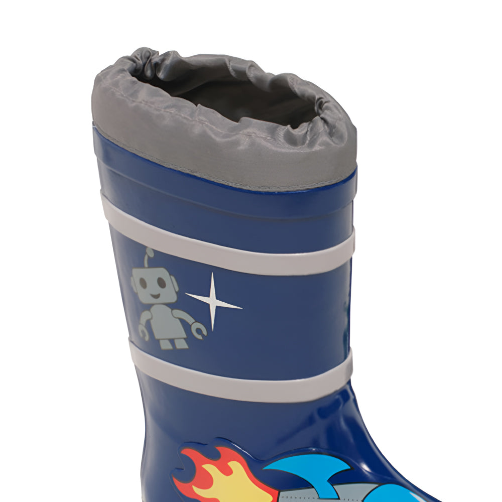 Colorful Space Hero Rain Boots featuring aliens, rockets, and robots, made from natural rubber with a fun cotton lining.