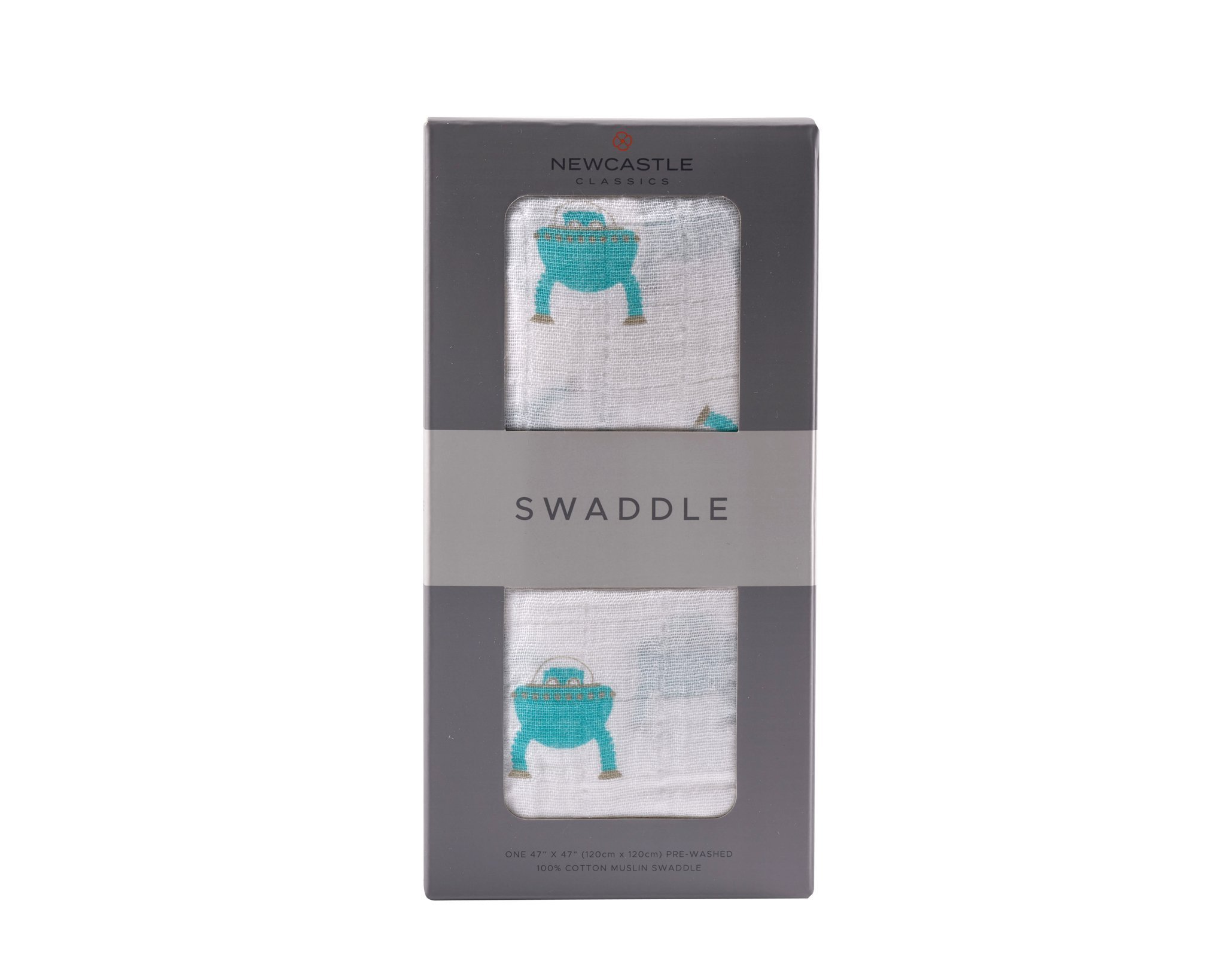 Space Robot Cotton Muslin Swaddle featuring playful robot design, soft and breathable fabric, perfect for baby care.