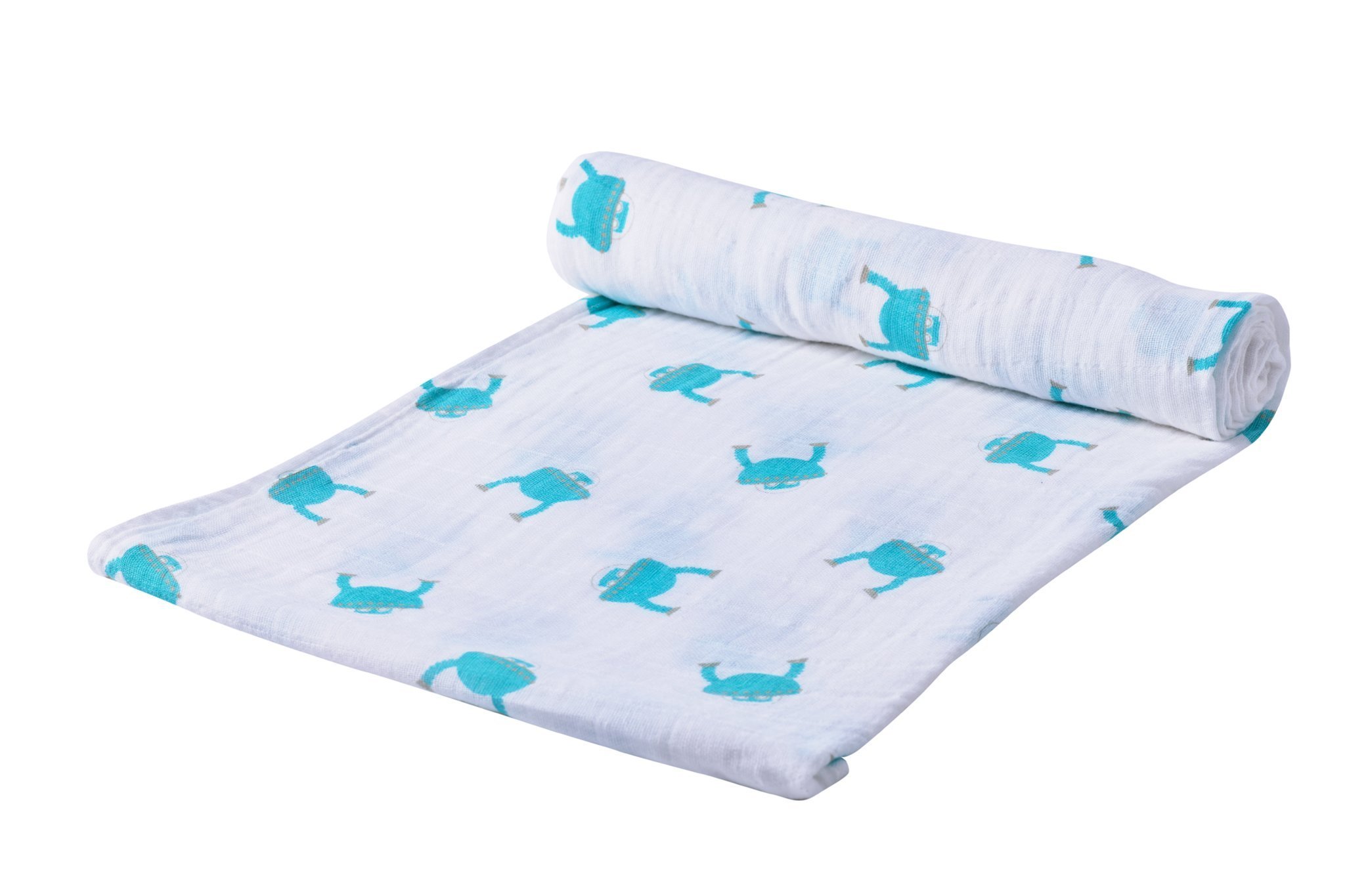 Space Robot Cotton Muslin Swaddle featuring playful robot design, soft and breathable fabric, perfect for baby care.