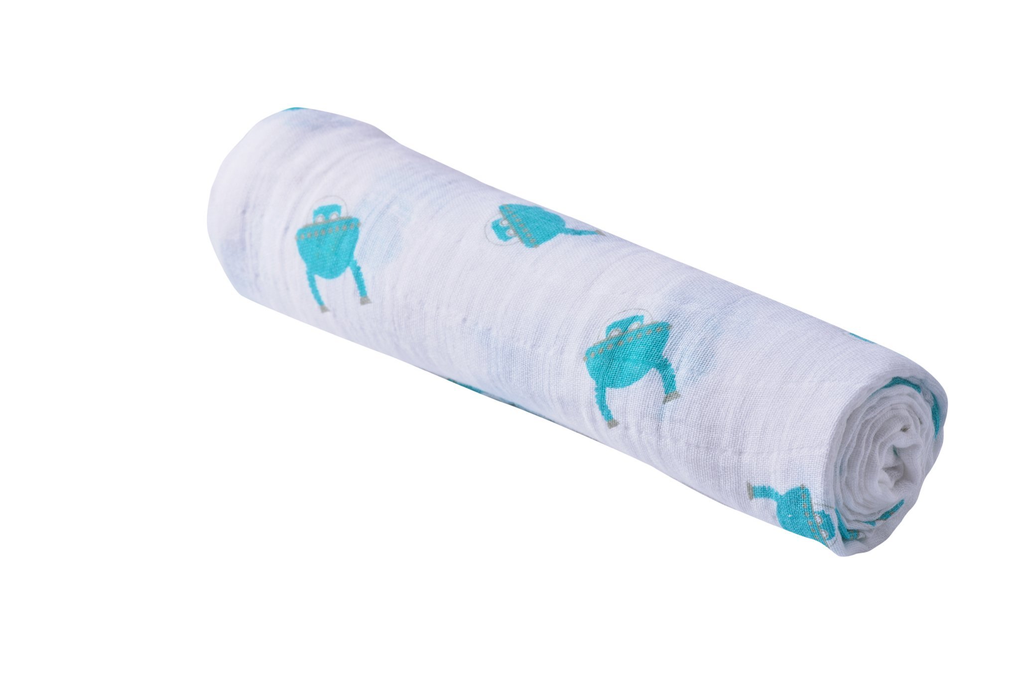 Space Robot Cotton Muslin Swaddle featuring playful robot design, soft and breathable fabric, perfect for baby care.