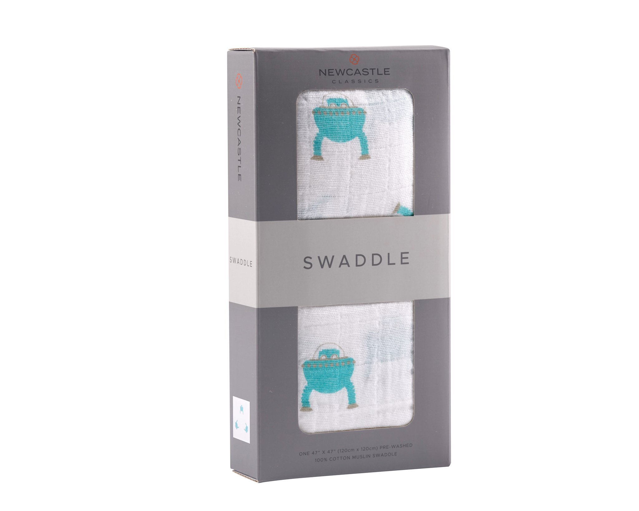 Space Robot Cotton Muslin Swaddle featuring playful robot design, soft and breathable fabric, perfect for baby care.