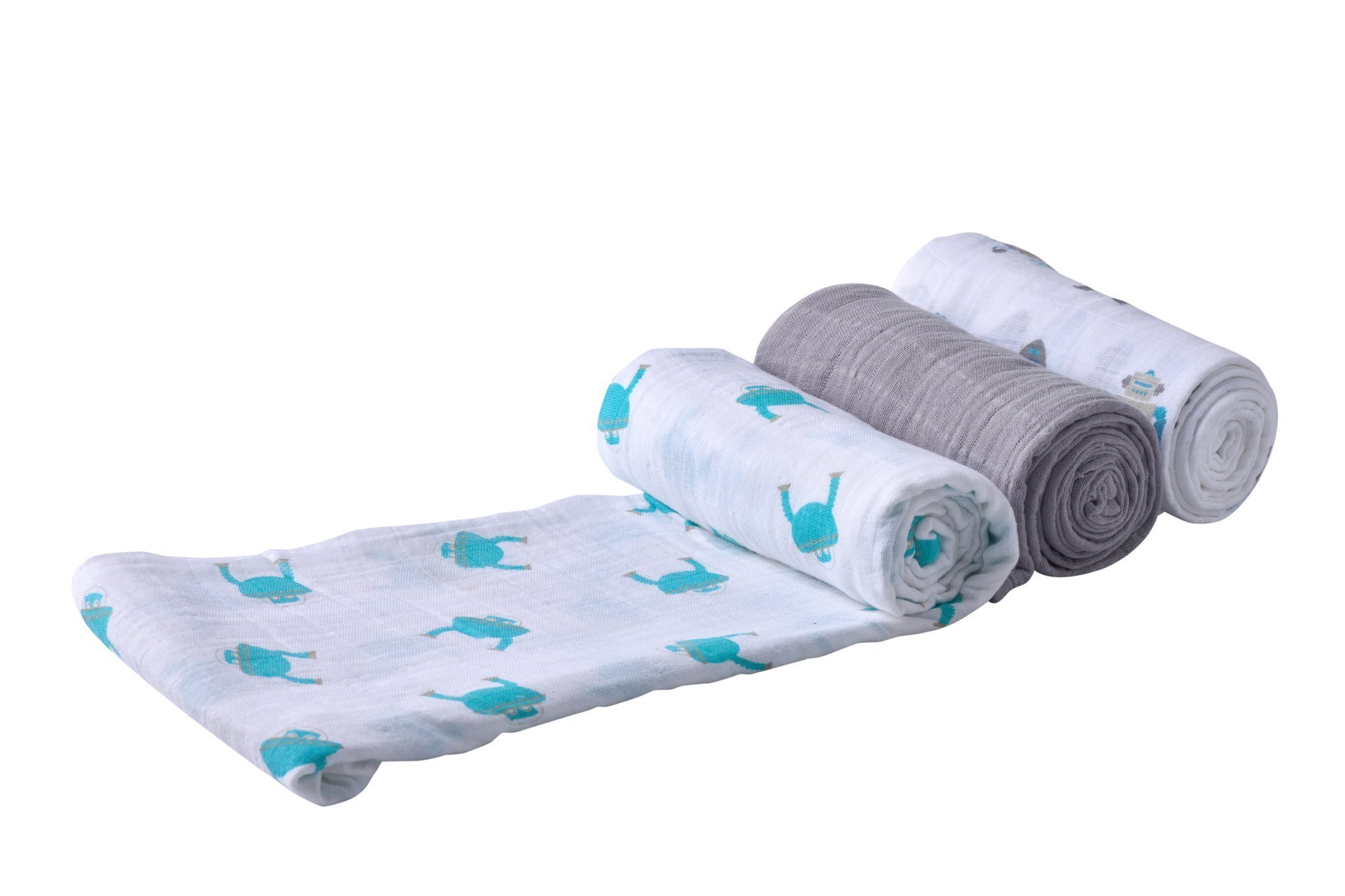 Space Robot Cotton Muslin Swaddle featuring playful robot design, soft and breathable fabric, perfect for baby care.