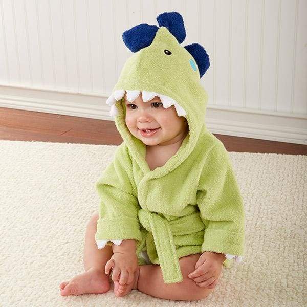 A cozy Jurassic-green dinosaur hooded spa robe for babies, featuring embroidered black eyes, 3-D spikes, and pearly-white terry teeth.