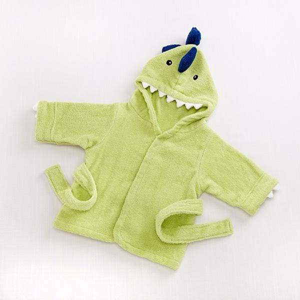 A cozy Jurassic-green dinosaur hooded spa robe for babies, featuring embroidered black eyes, 3-D spikes, and pearly-white terry teeth.