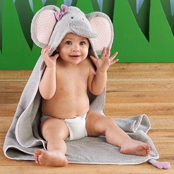 Splish Splash Elephant Bath Spa Hooded Towel featuring a cute elephant hood, oversized ears, and pink chevron trim, perfect for keeping babies warm and dry.