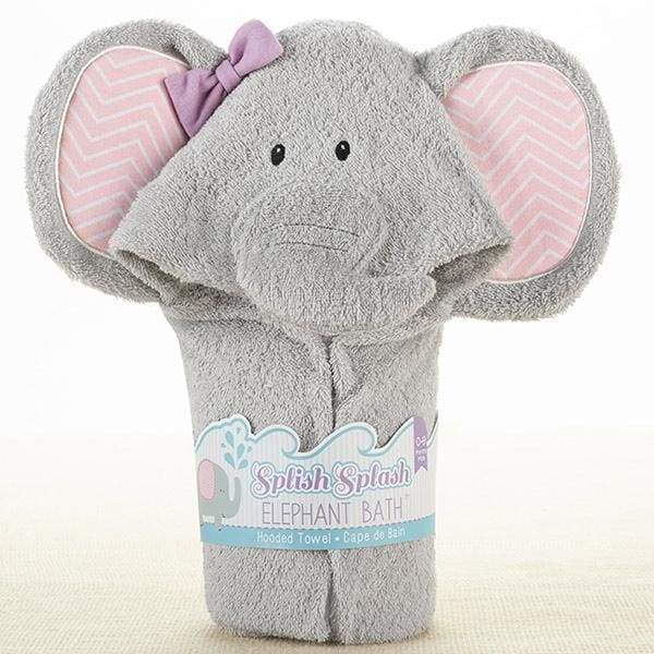 Splish Splash Elephant Bath Spa Hooded Towel featuring a cute elephant hood, oversized ears, and pink chevron trim, perfect for keeping babies warm and dry.