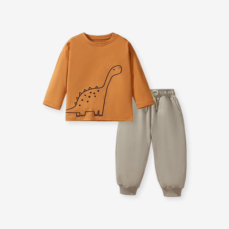 A brown long sleeves top for boys featuring a playful cartoon dinosaur pattern, made from soft cotton, perfect for spring and autumn wear.