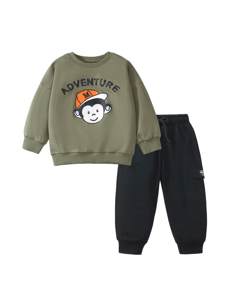 A grey long sleeves top for boys featuring a playful cartoon monkey pattern, made from soft cotton, perfect for spring and autumn wear.