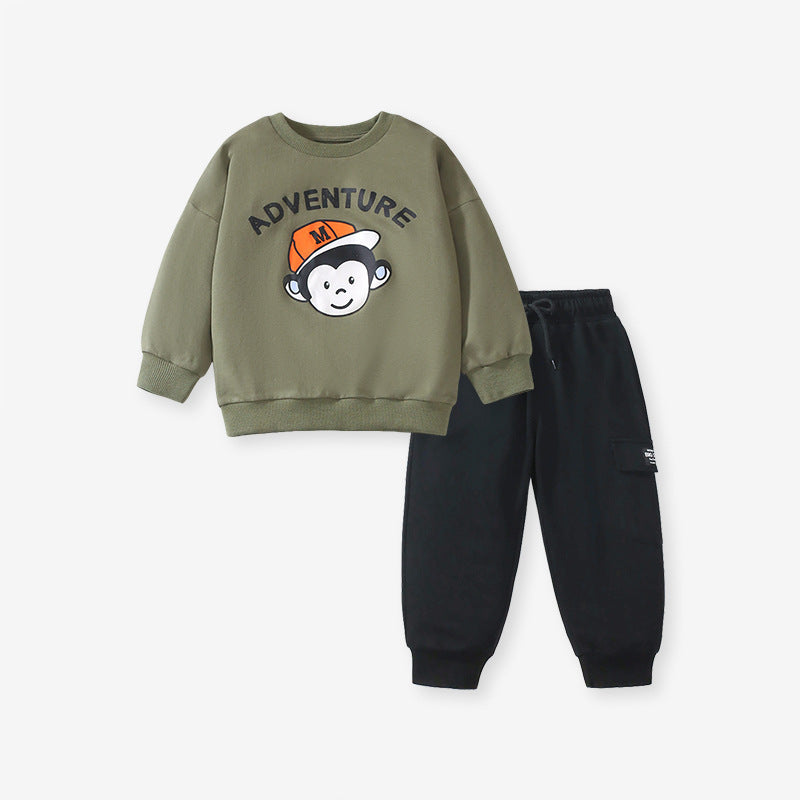 A grey long sleeves top for boys featuring a playful cartoon monkey pattern, made from soft cotton, perfect for spring and autumn wear.