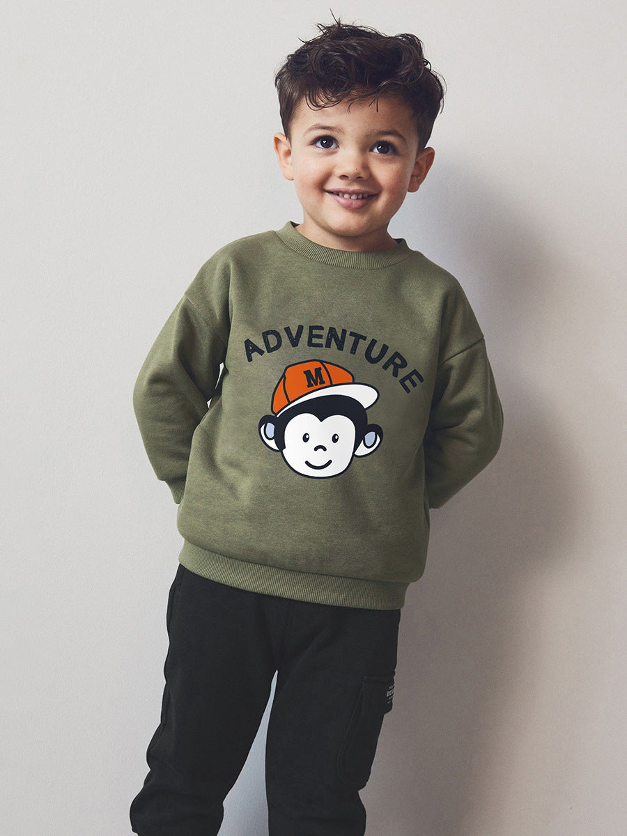 A grey long sleeves top for boys featuring a playful cartoon monkey pattern, made from soft cotton, perfect for spring and autumn wear.