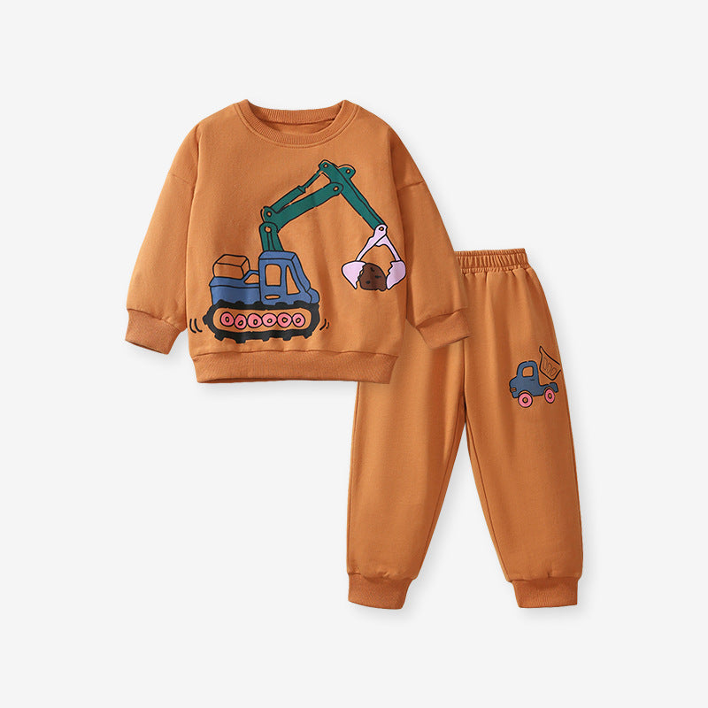 Spring and Autumn Boys Digger Pattern Long Sleeves Top Sweatshirt in coffee color, featuring a playful digger cartoon design.