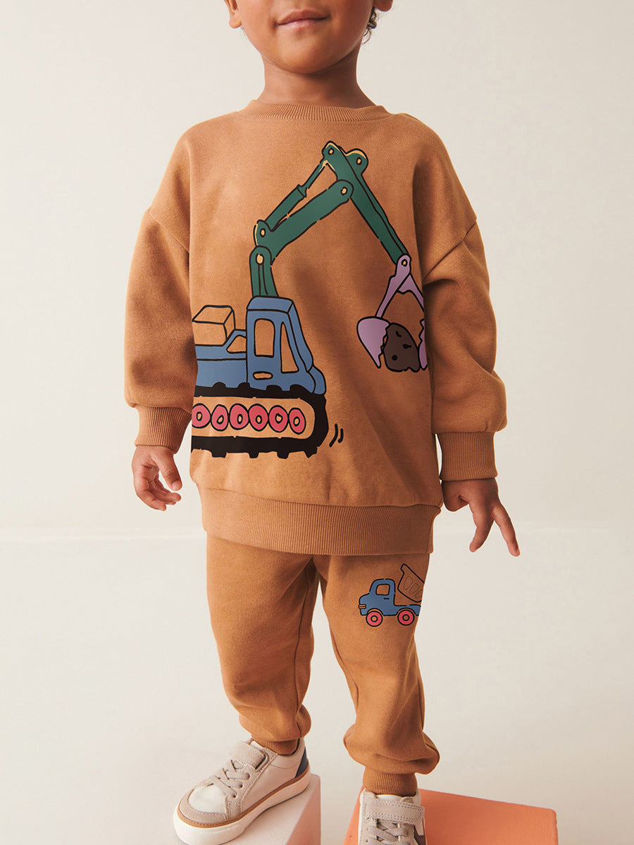 Spring and Autumn Boys Digger Pattern Long Sleeves Top Sweatshirt in coffee color, featuring a playful digger cartoon design.