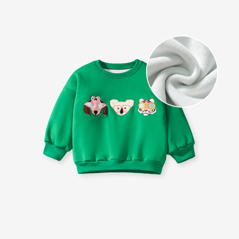 A green long sleeves top for girls featuring cute cartoon animal patterns, perfect for spring and autumn wear.