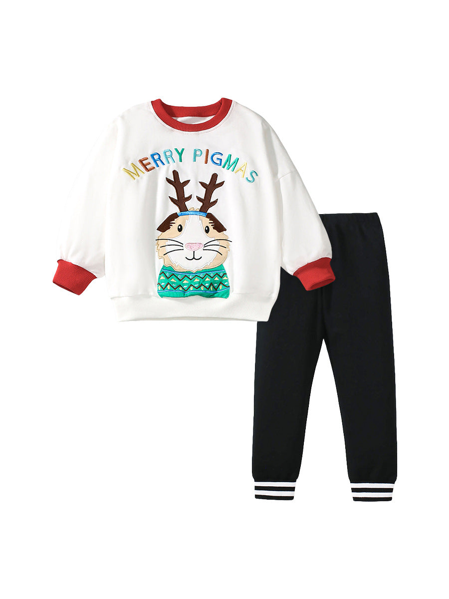 Colorful long sleeves crew for girls featuring a cartoon Christmas pattern, made from soft cotton and polyester blend.